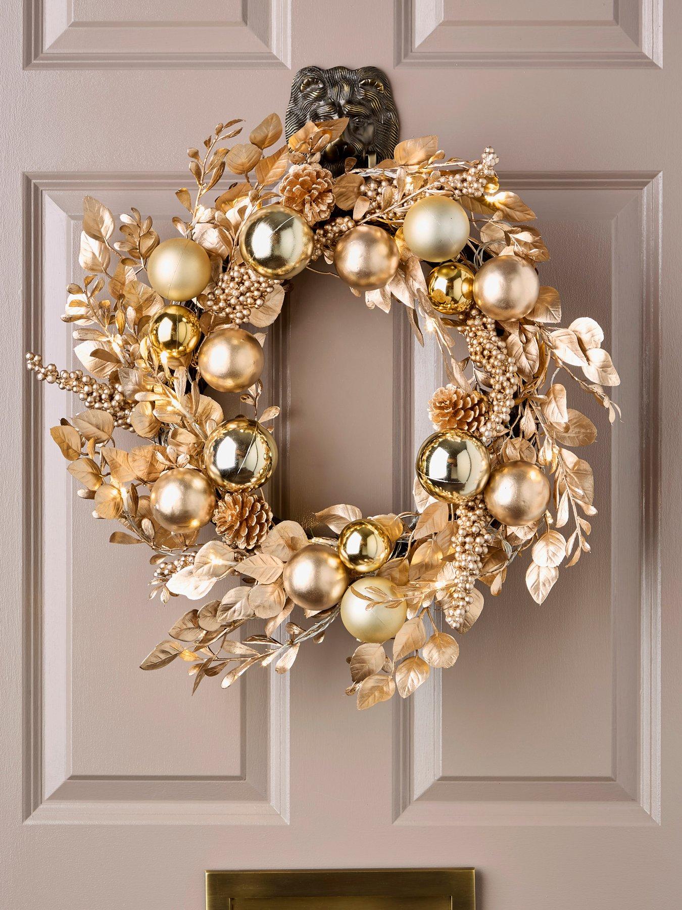 Very Home Champagne Gold Pre-lit Christmas Wreath - 60 cm