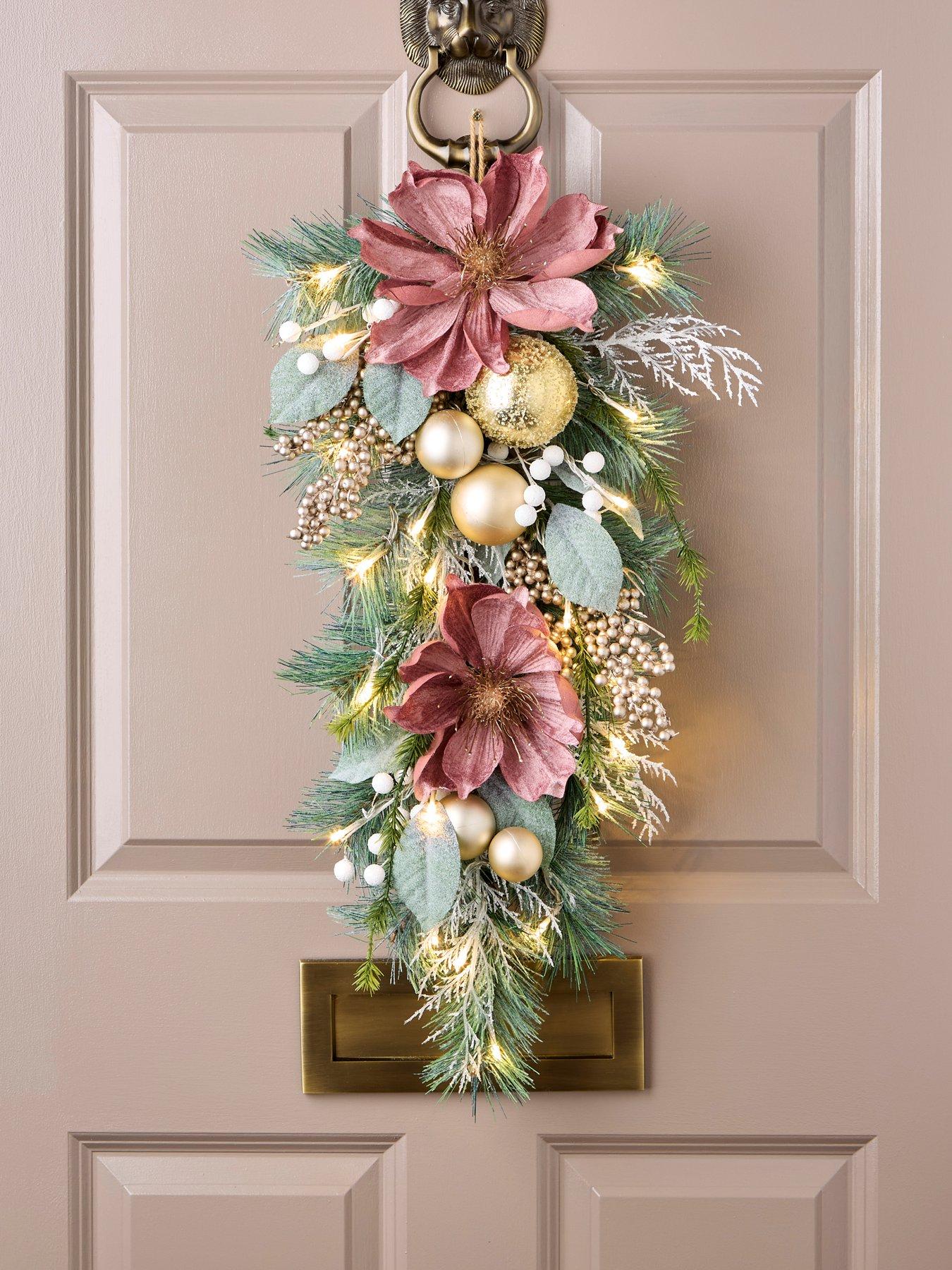 undefined Dusky Pink Magnolia Pre Lit Teardrop Christmas Wreath