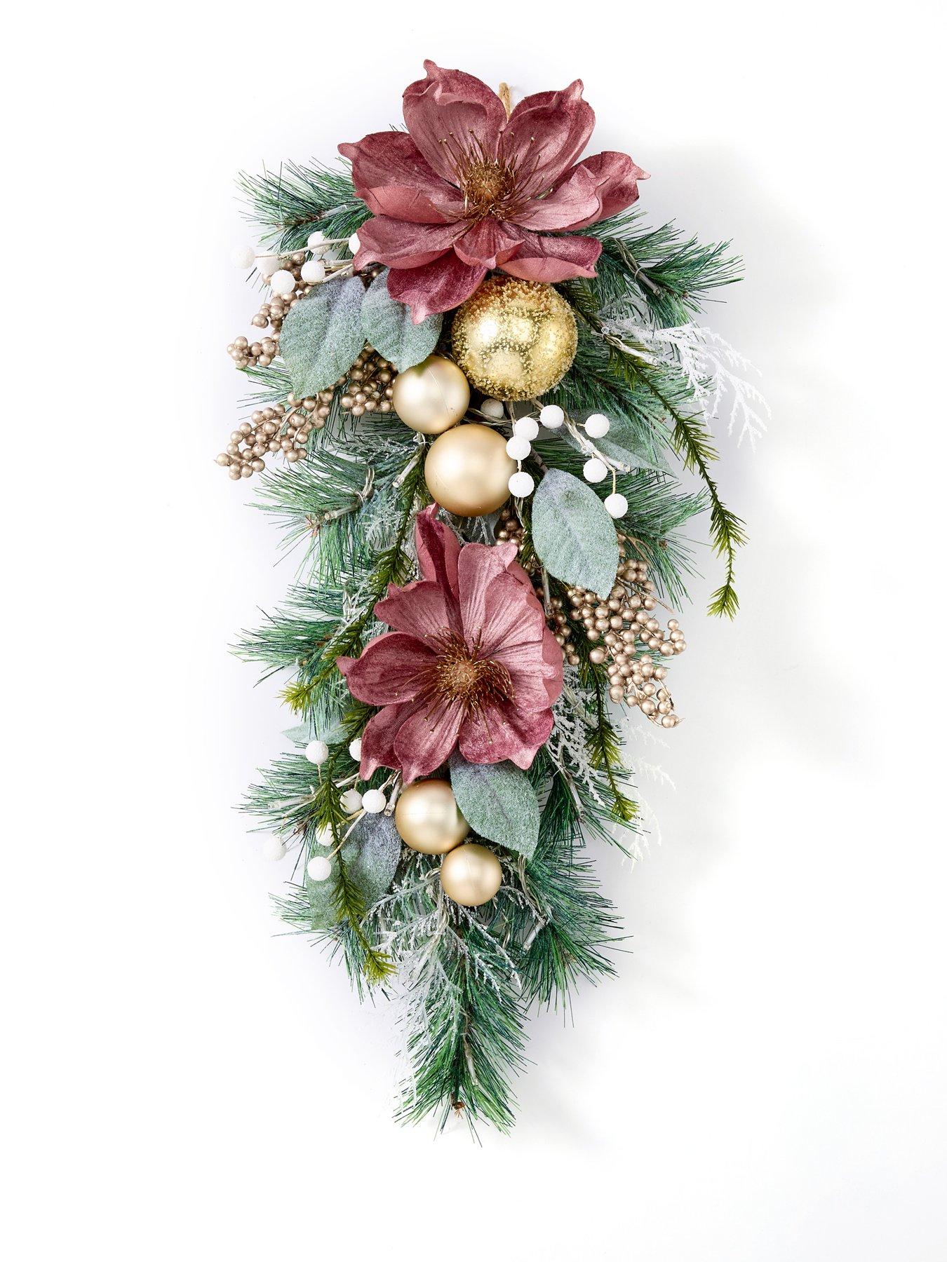 Image 2 of 5 of Very Home Dusky Pink Magnolia Pre Lit Teardrop Christmas Wreath