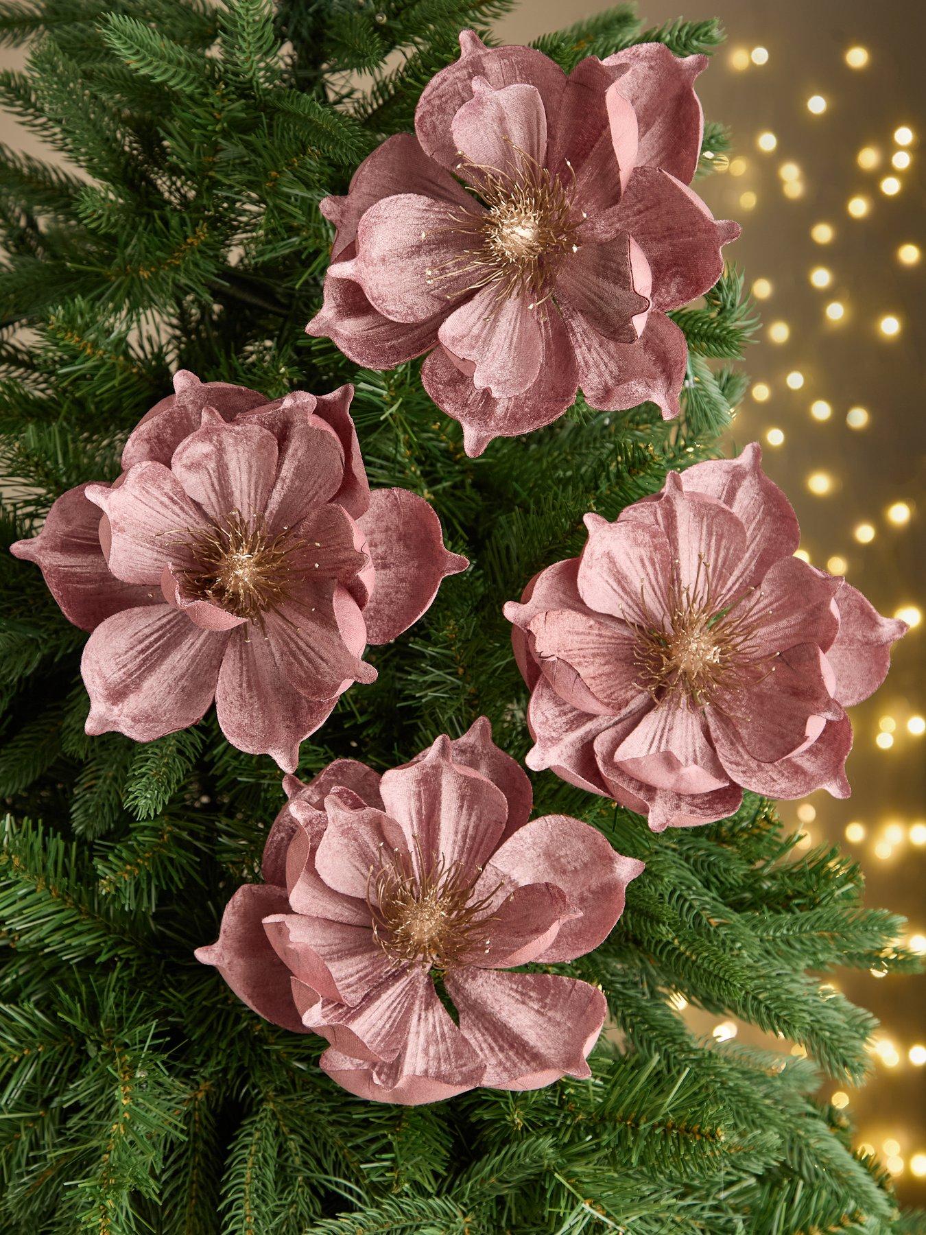 undefined Set of 6 Dusky Pink Magnolia Christmas Tree Clips