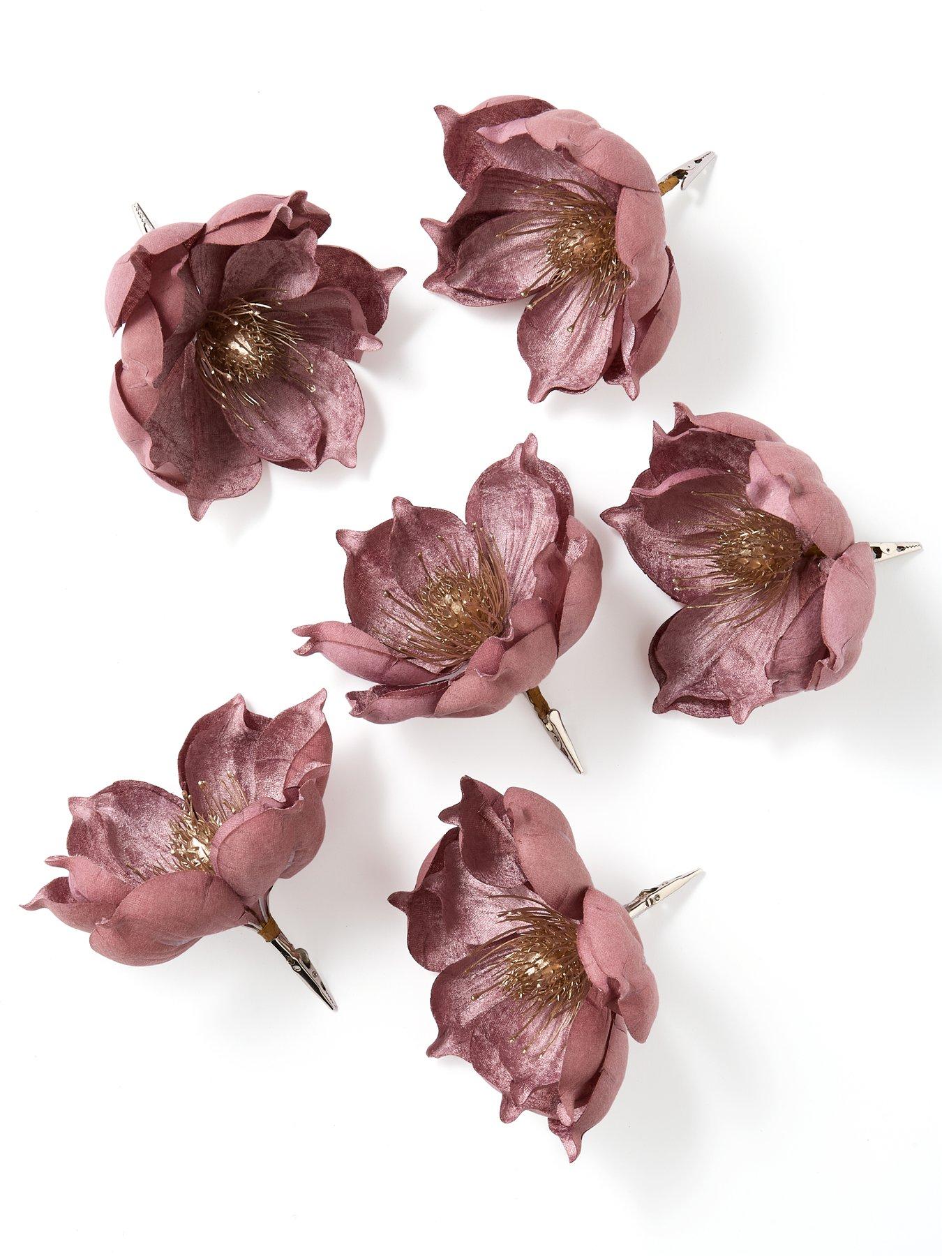 Image 2 of 4 of Very Home Set of 6 Dusky Pink Magnolia Christmas Tree Clips