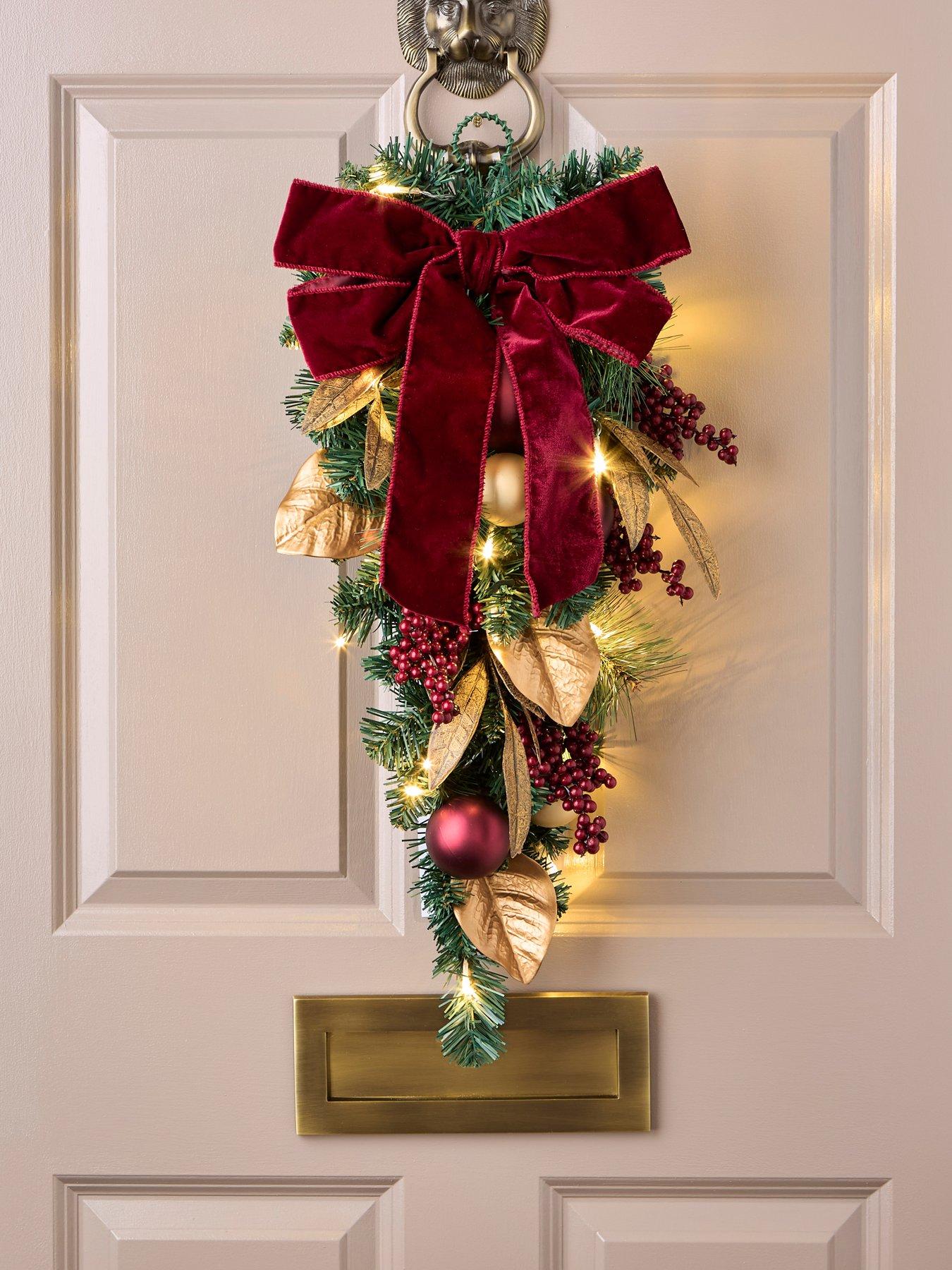 undefined Pre Lit Bows and Baubles Teardrop Christmas Wreath - 70 cm
