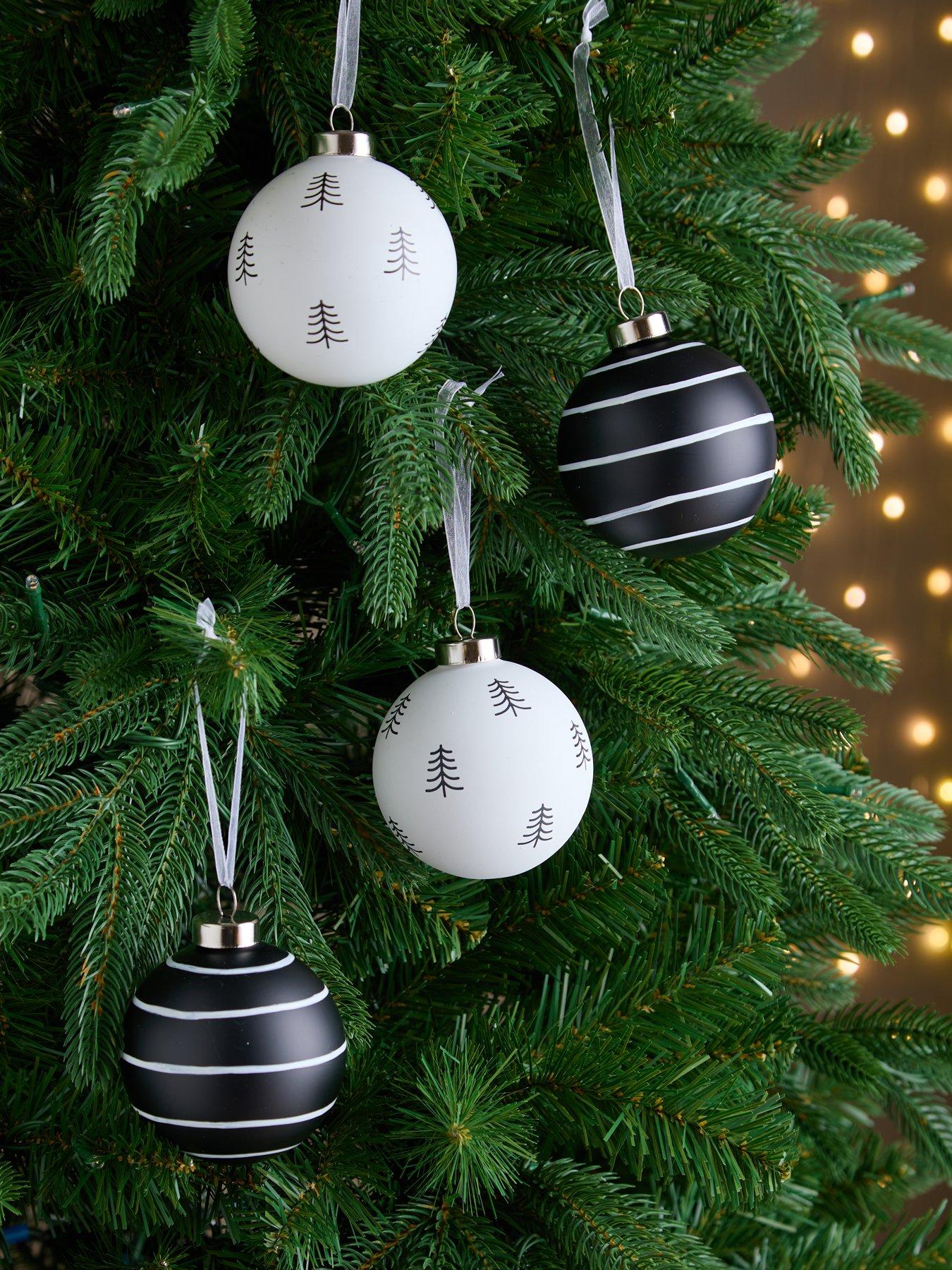 undefined Set of 4 Stripe and Tree Christmas Baubles - Black/White