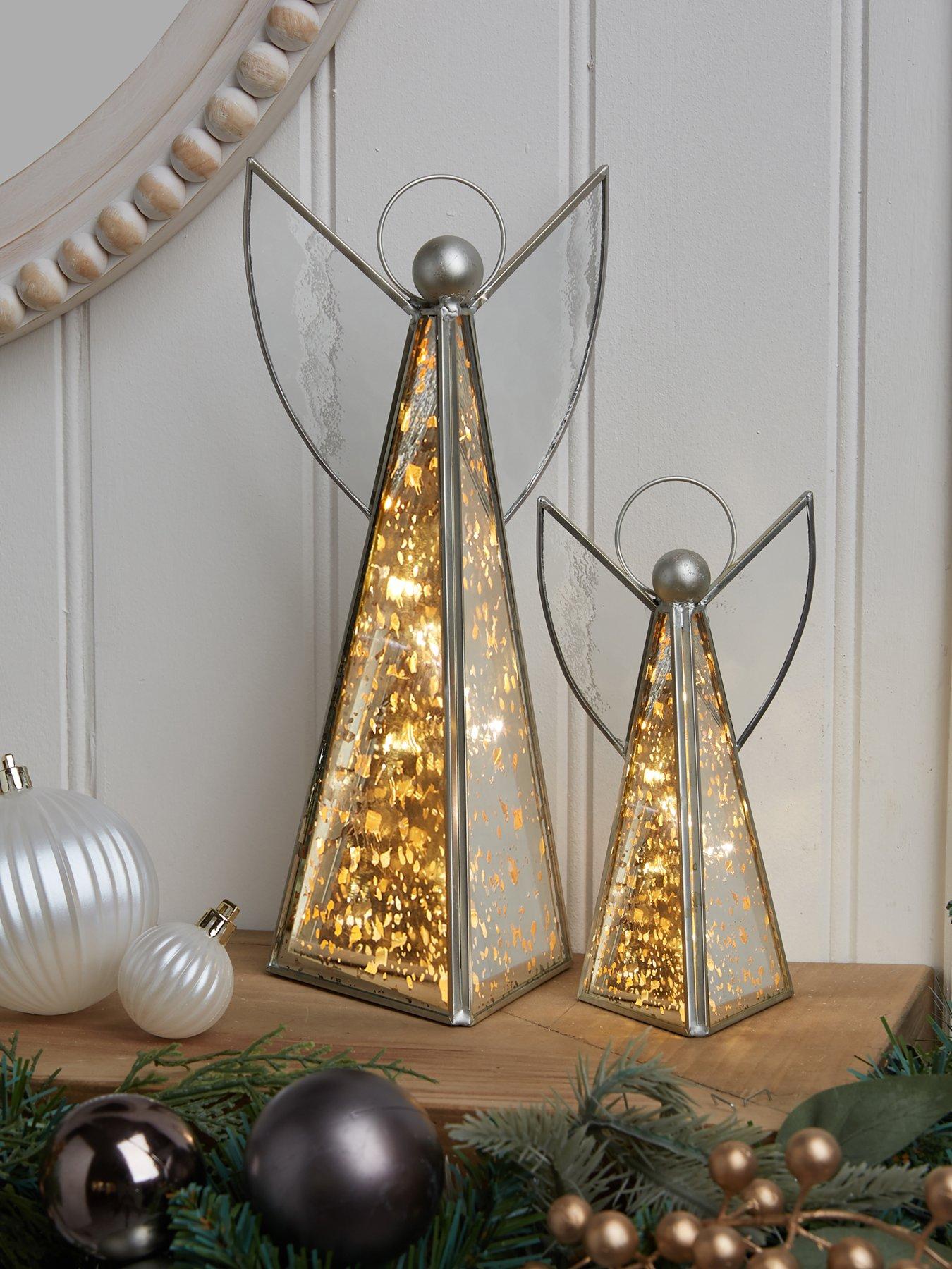 undefined Set of 2 Pre Lit Mercury Glass Angel Christmas Tree Decorations