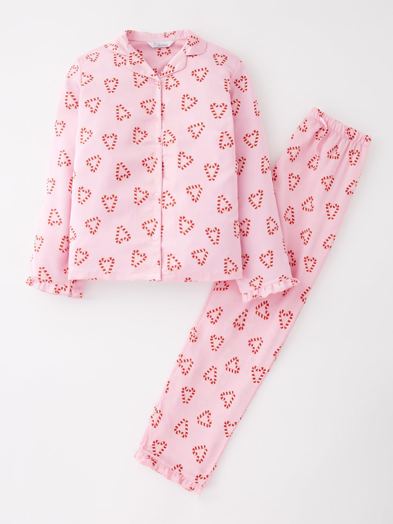 The Very Collection Girls Christmas Candy Cane Satin PJs - Pink