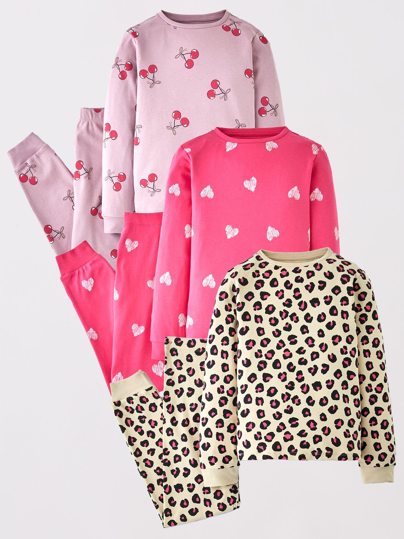 The Very Collection Girls 3 Pack Cherry/Heart/Leopard Print Pyjamas - Multi