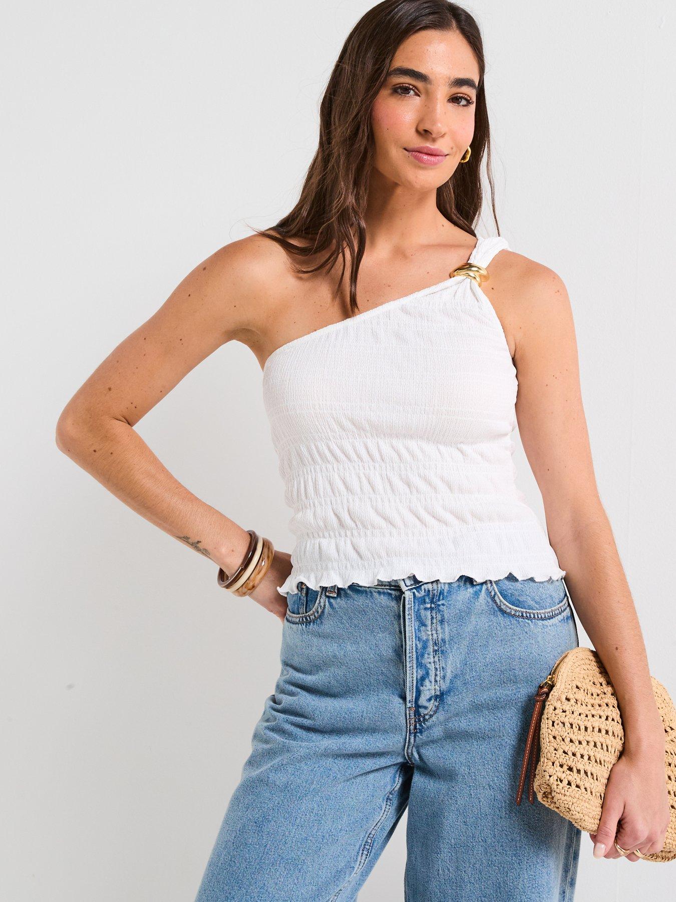 undefined Textured One Shoulder Top - White