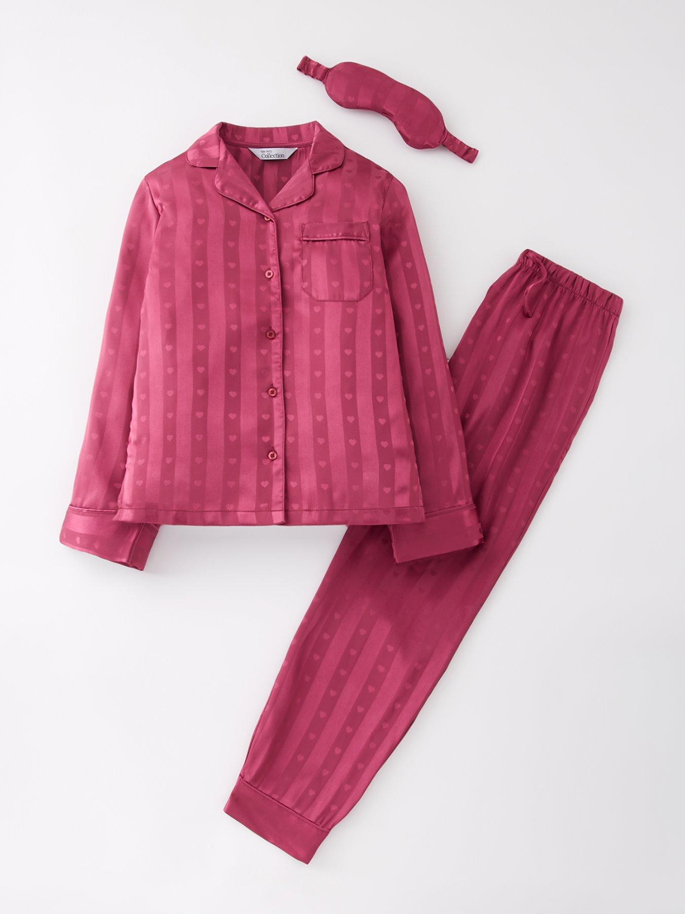 The Very Collection Girls Jacquard Satin PJ with Eye Mask - Burgundy/Pink