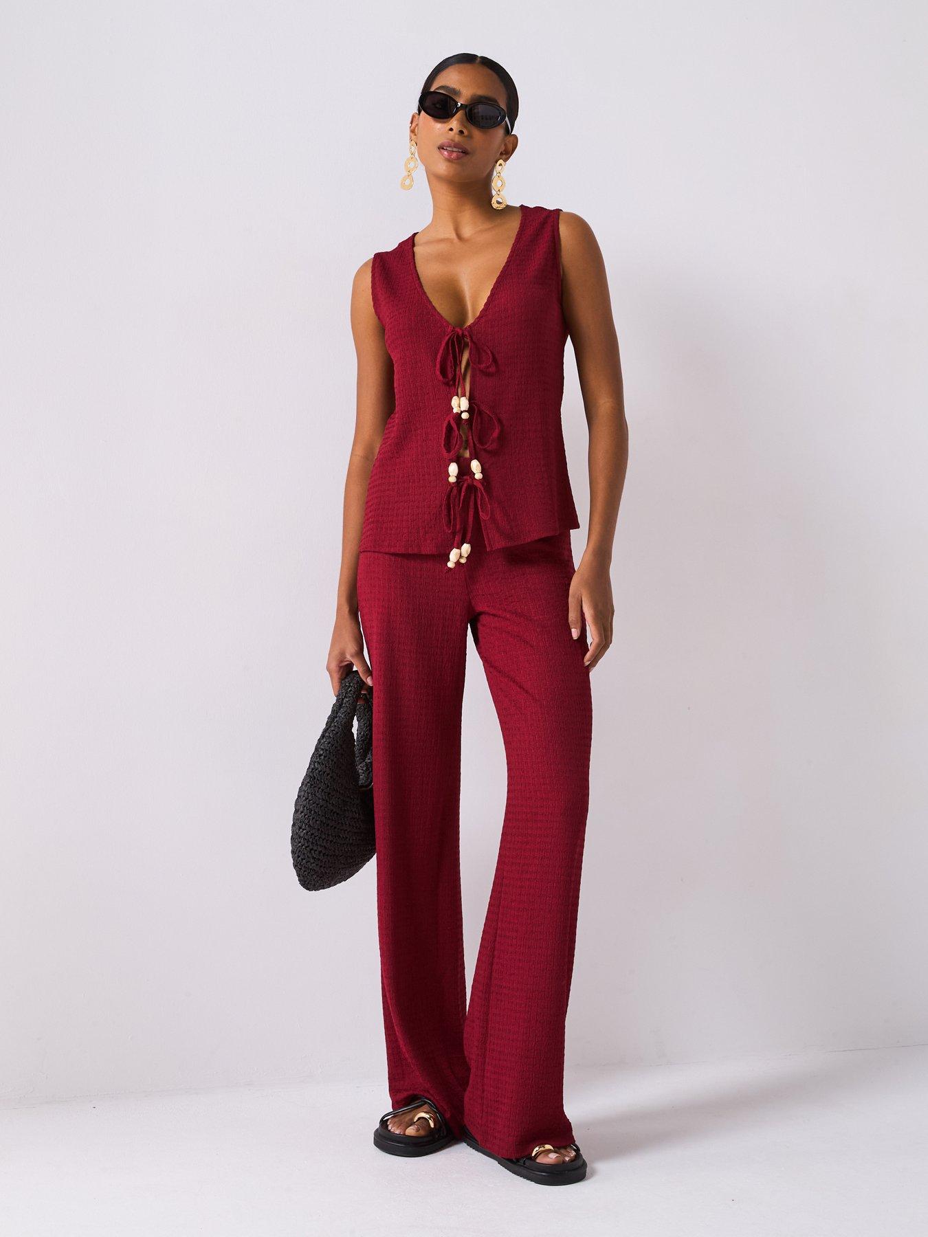 undefined Bead Detail Tie Up Textured Top Co-Ord - Burgundy