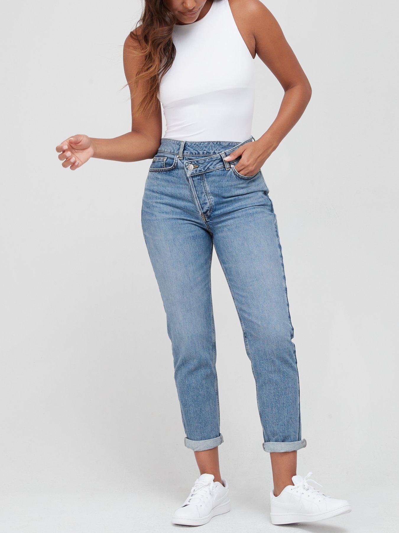 front image of the-very-collection-wrap-front-mom-jeans-mid-wash