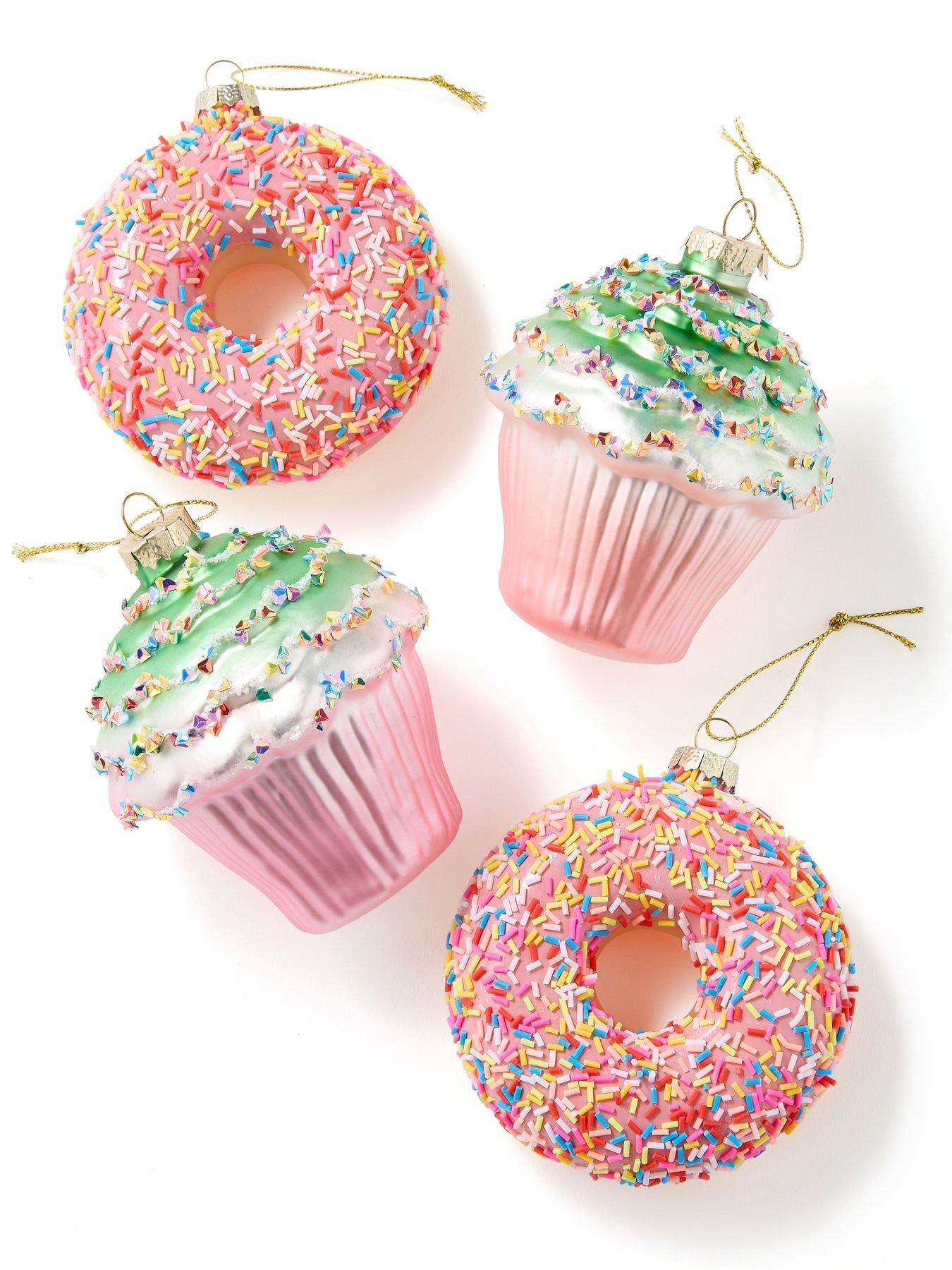  image of the-christmas-gift-co-set-of-4-novelty-glass-christmasnbsptree-decorationsnbsp--cupcake-amp-sprinkles-donut