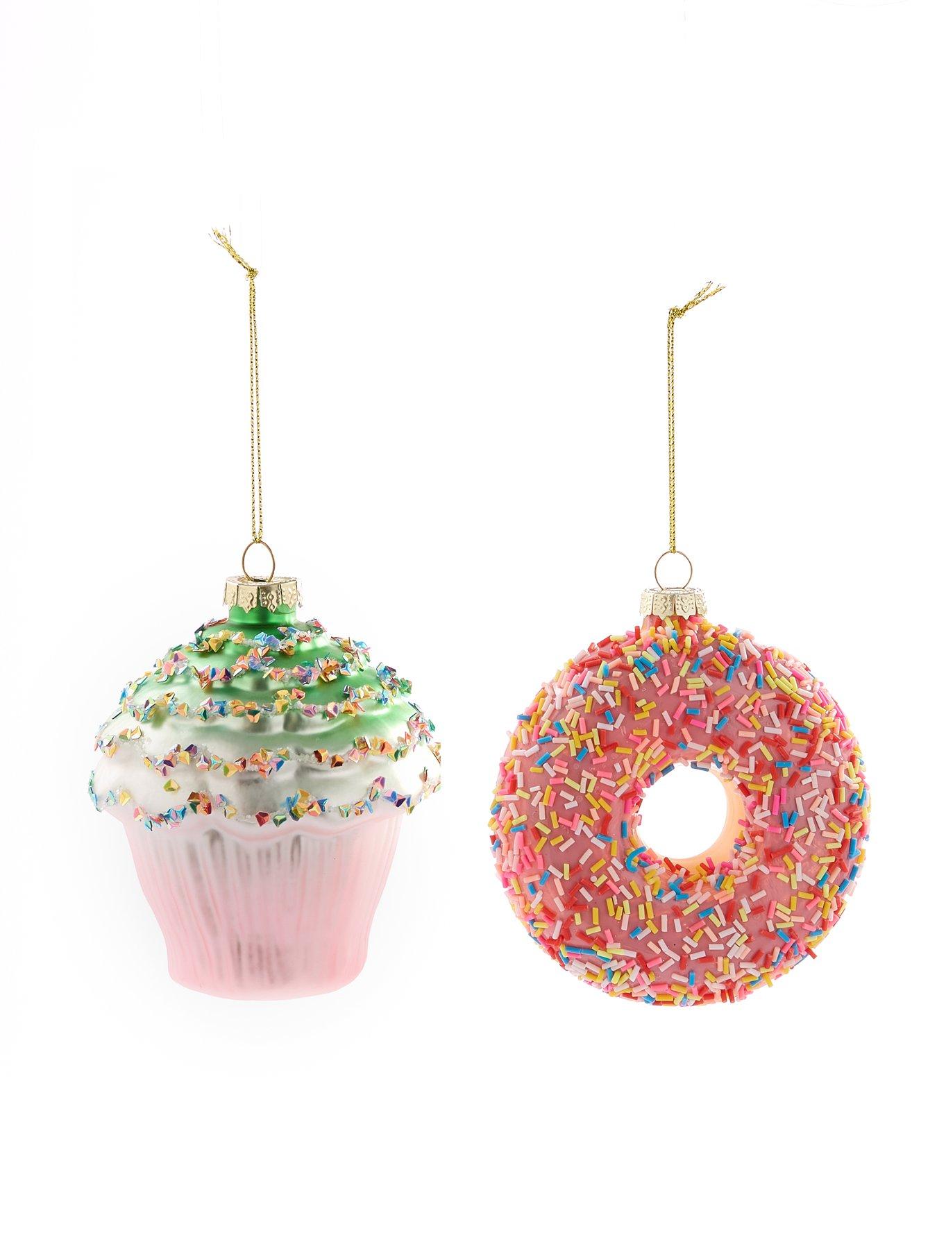  image of the-christmas-gift-co-set-of-4-novelty-glass-christmasnbsptree-decorationsnbsp--cupcake-amp-sprinkles-donut