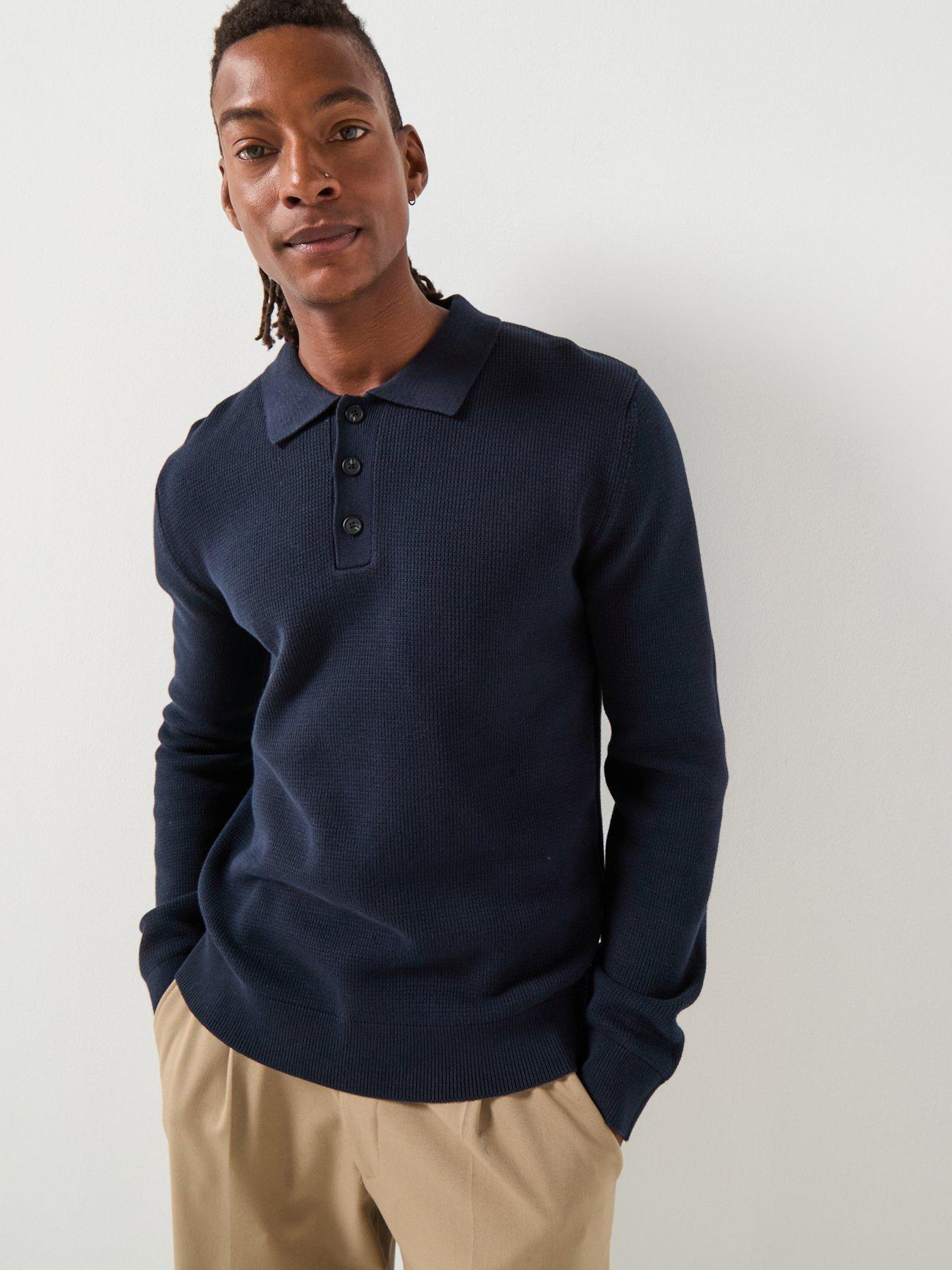  image of selected-homme-dane-long-sleeve-knitted-polo-shirt-navy