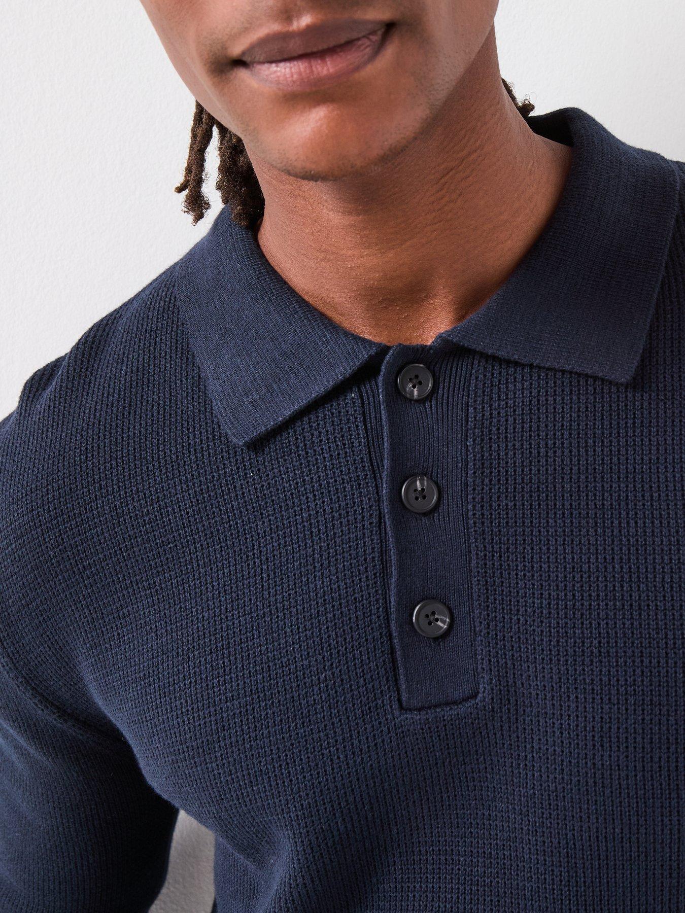  image of selected-homme-dane-long-sleeve-knitted-polo-shirt-navy