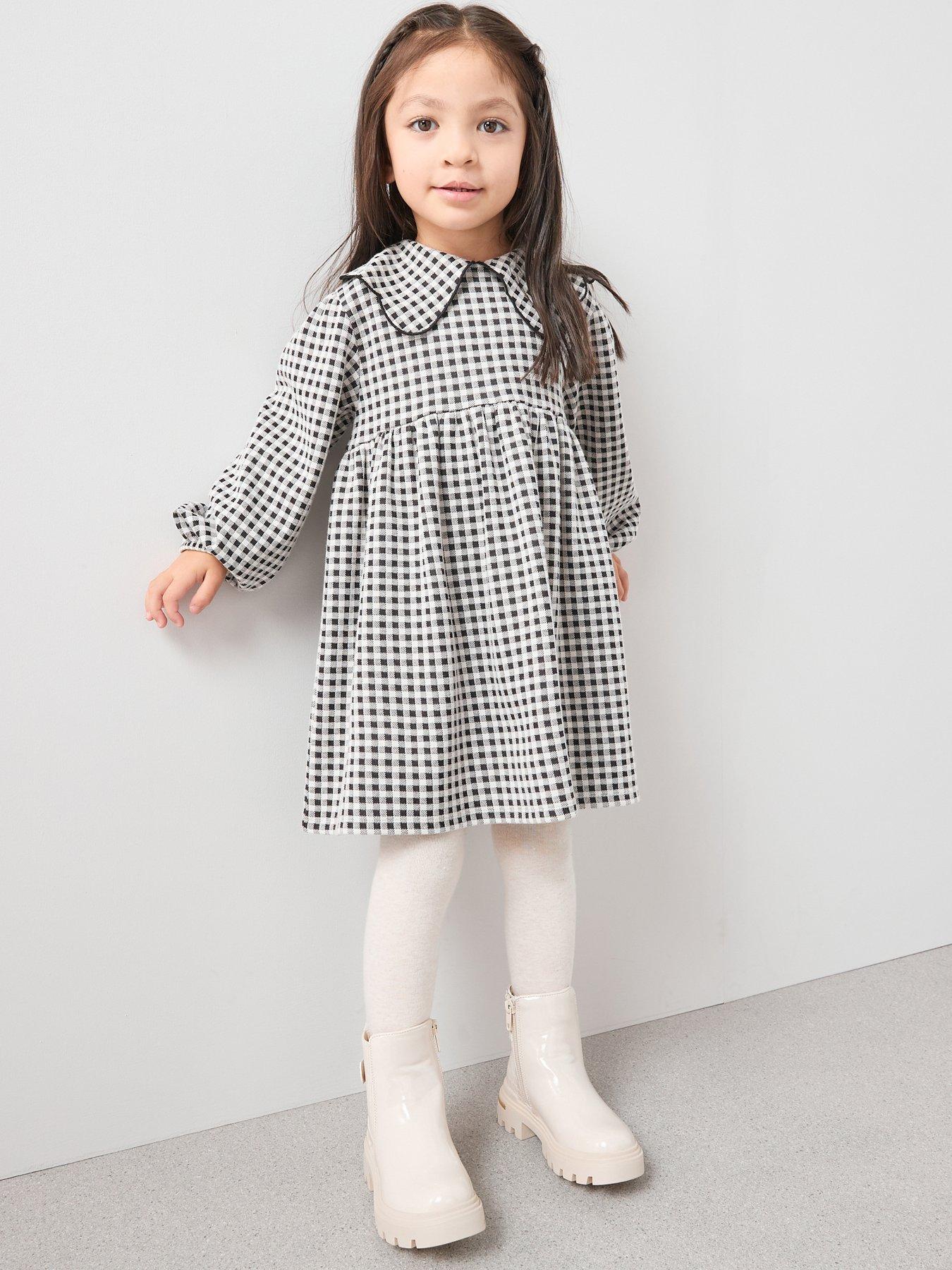 undefined Girls Check Ponte Dress with Collar Detail - Black