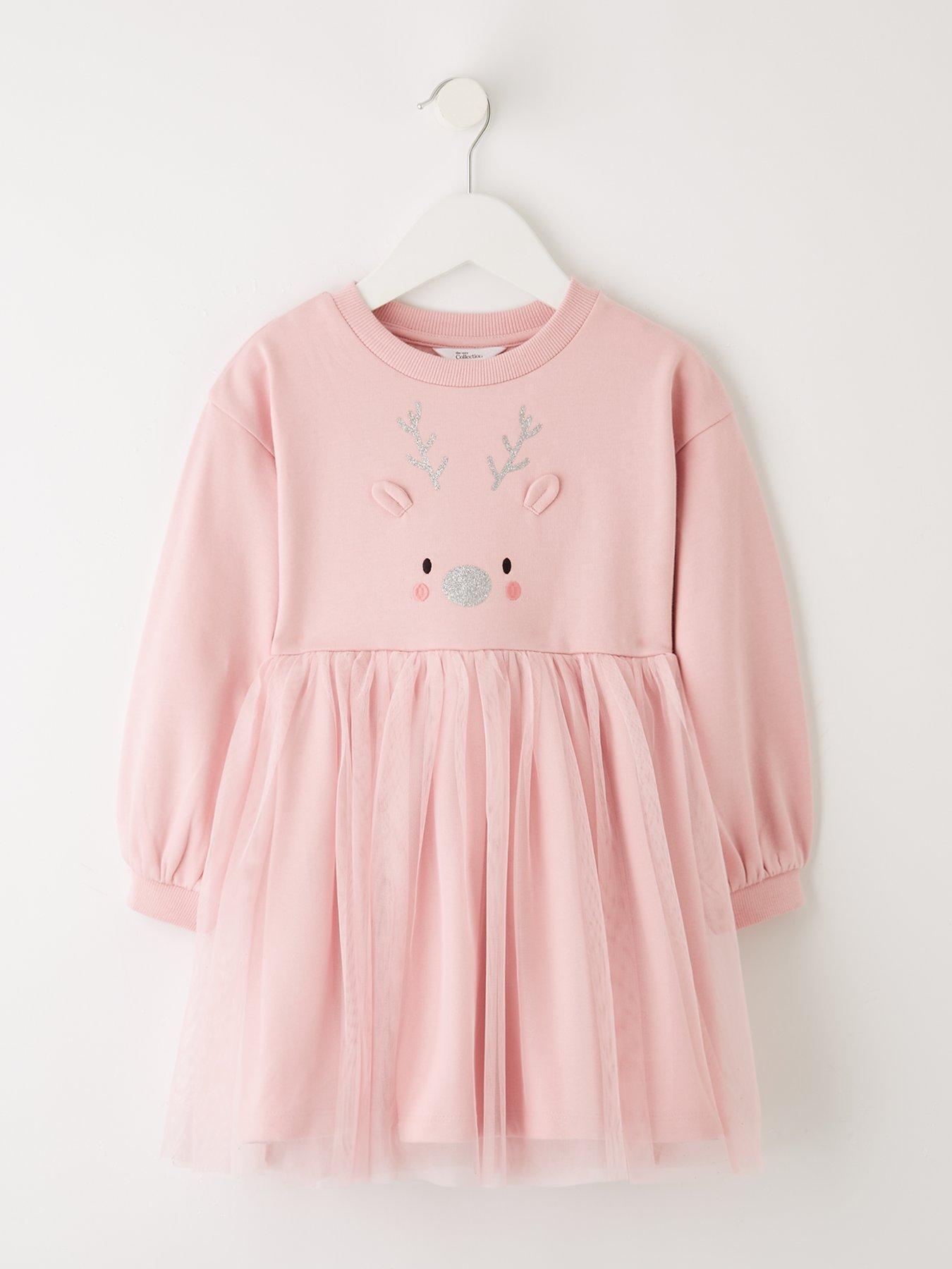 Image 1 of 4 of The Very Collection Girls Christmas Reindeer Sweat Dress - Pink