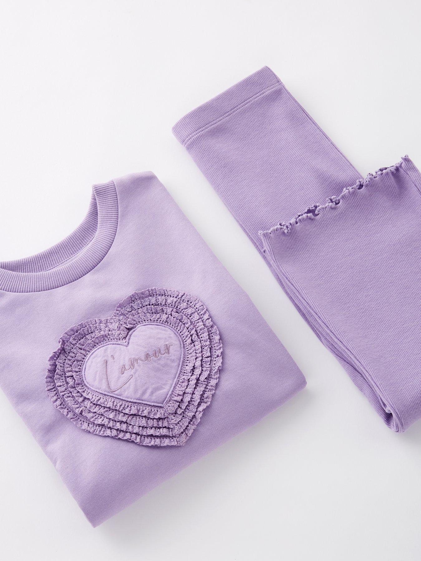 Image 4 of 4 of Mini V by Very Girls 3D Heart Sweat With Rib Flare Leggings - Purple