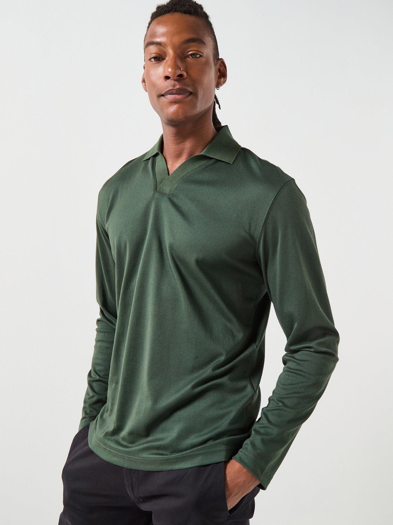 Image 1 of 6 of Selected Homme Fave Split Neck Long Sleeve Polo Shirt - Dark Green