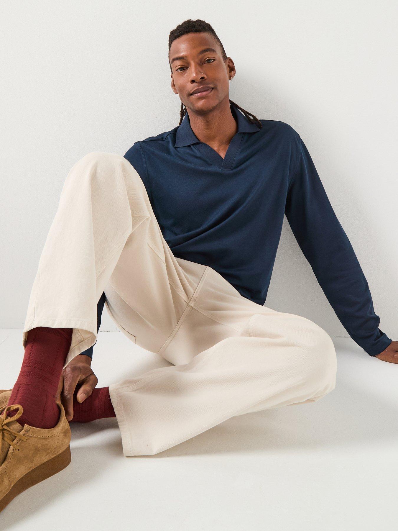 Image 6 of 6 of Selected Homme Fave Split Neck Long Sleeve Polo Shirt - Navy