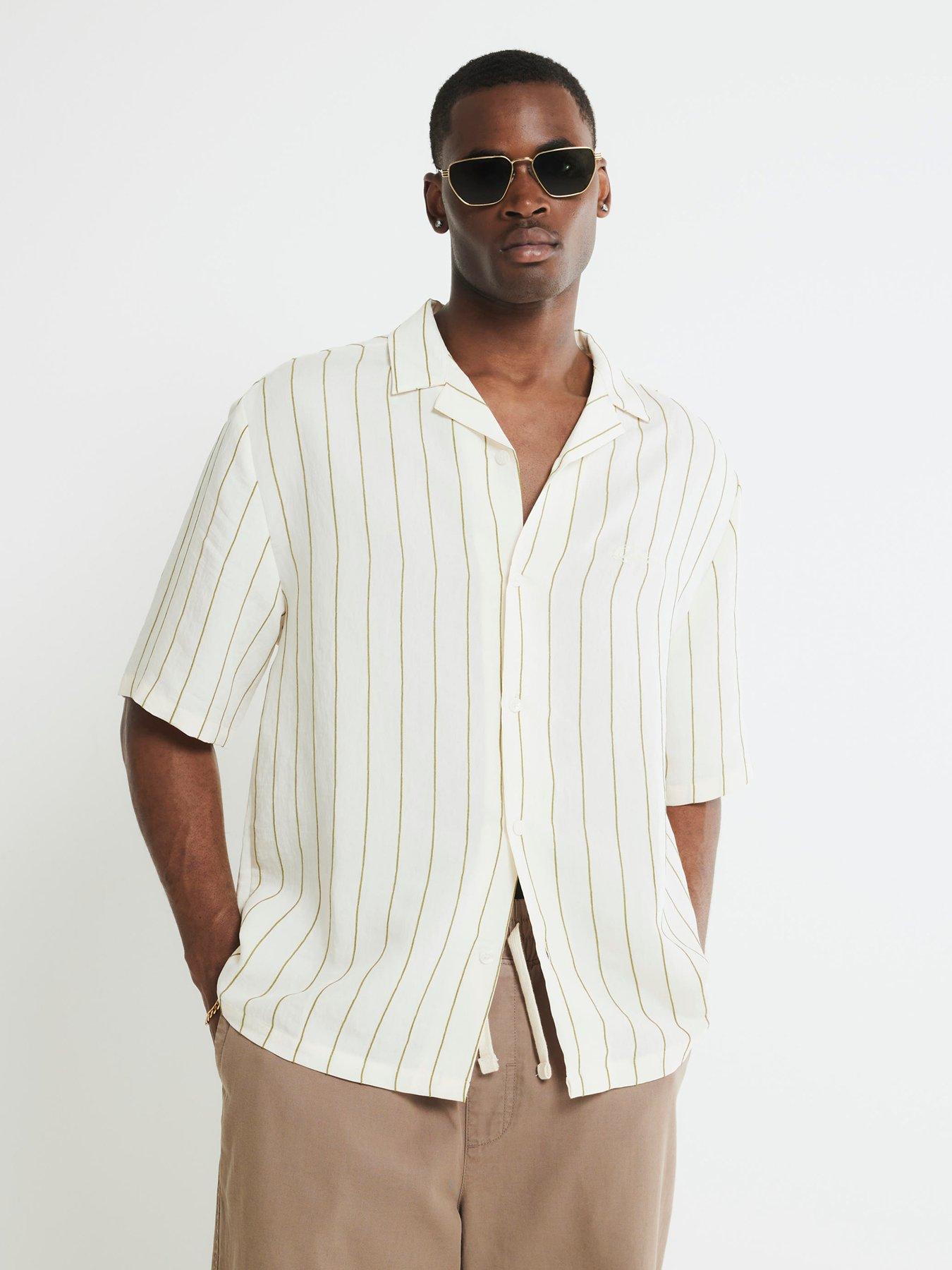 Image 1 of 4 of River Island Boxy Fit Stripe Revere Shirt - Beige