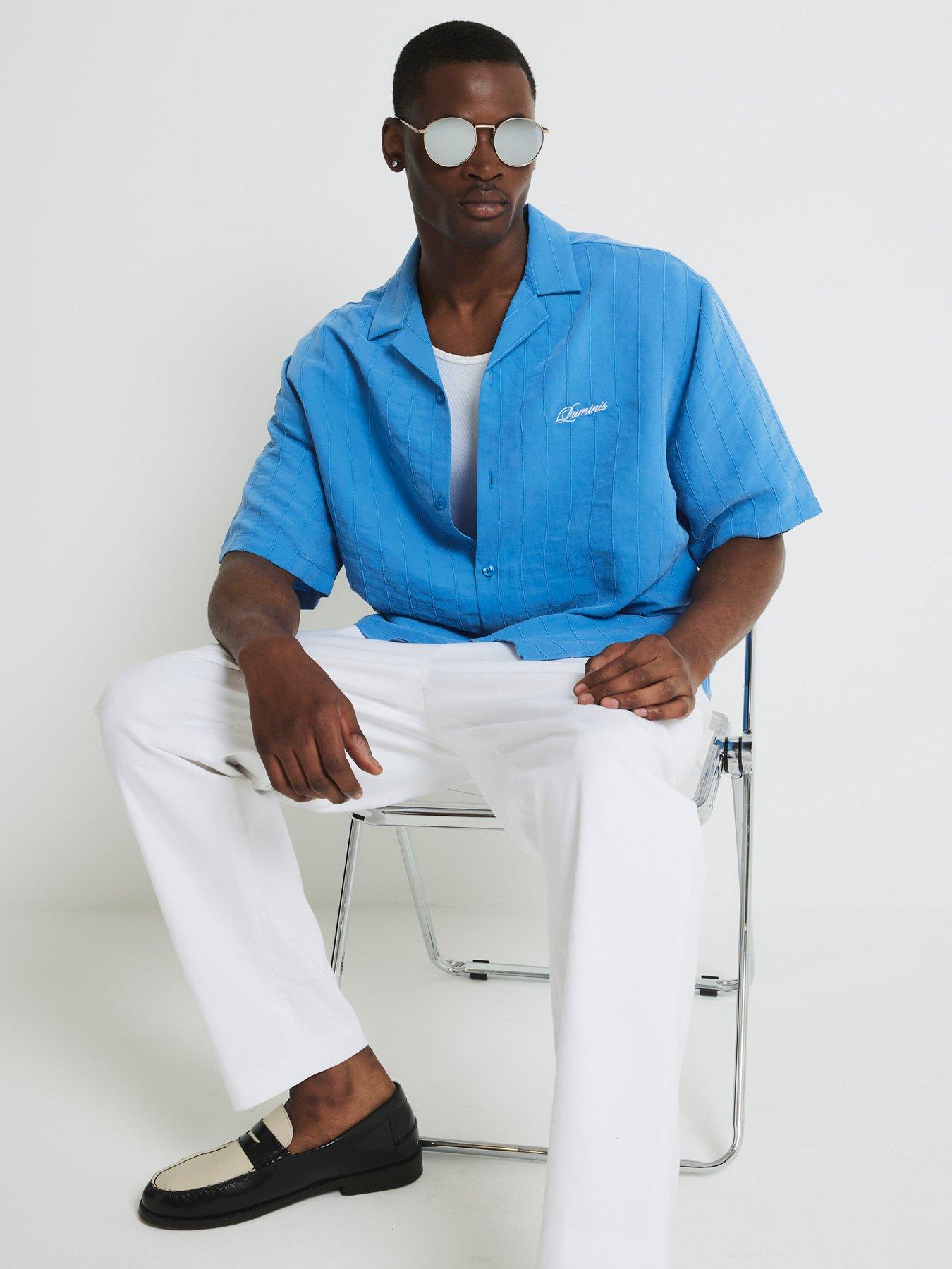 Image 2 of 4 of River Island Boxy Fit Stripe Revere Shirt - Blue