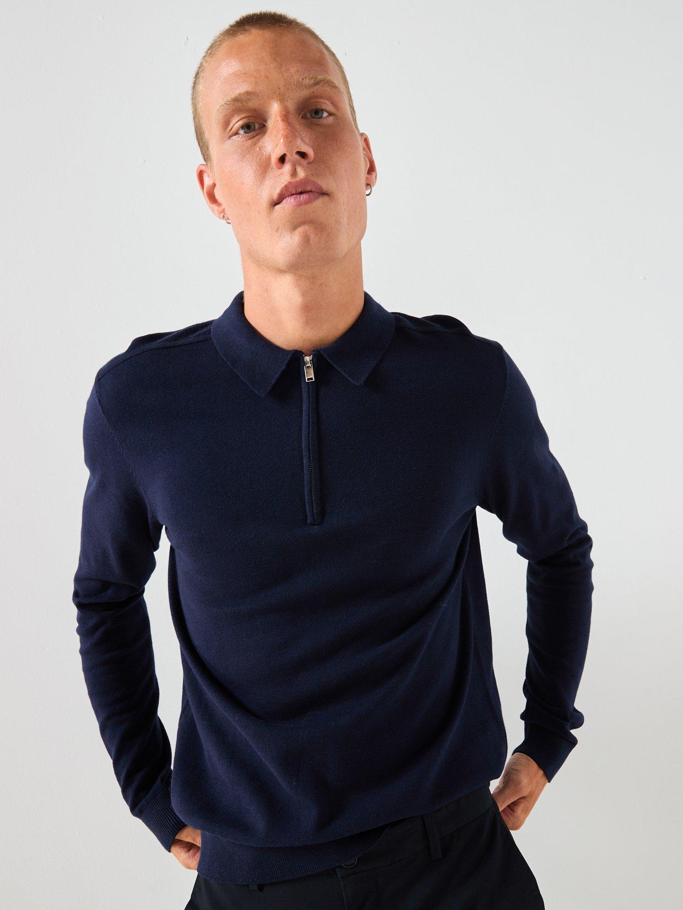 Image 1 of 6 of Selected Homme Berg Long Sleeve Half Zip Knitted Polo Shirt - Navy