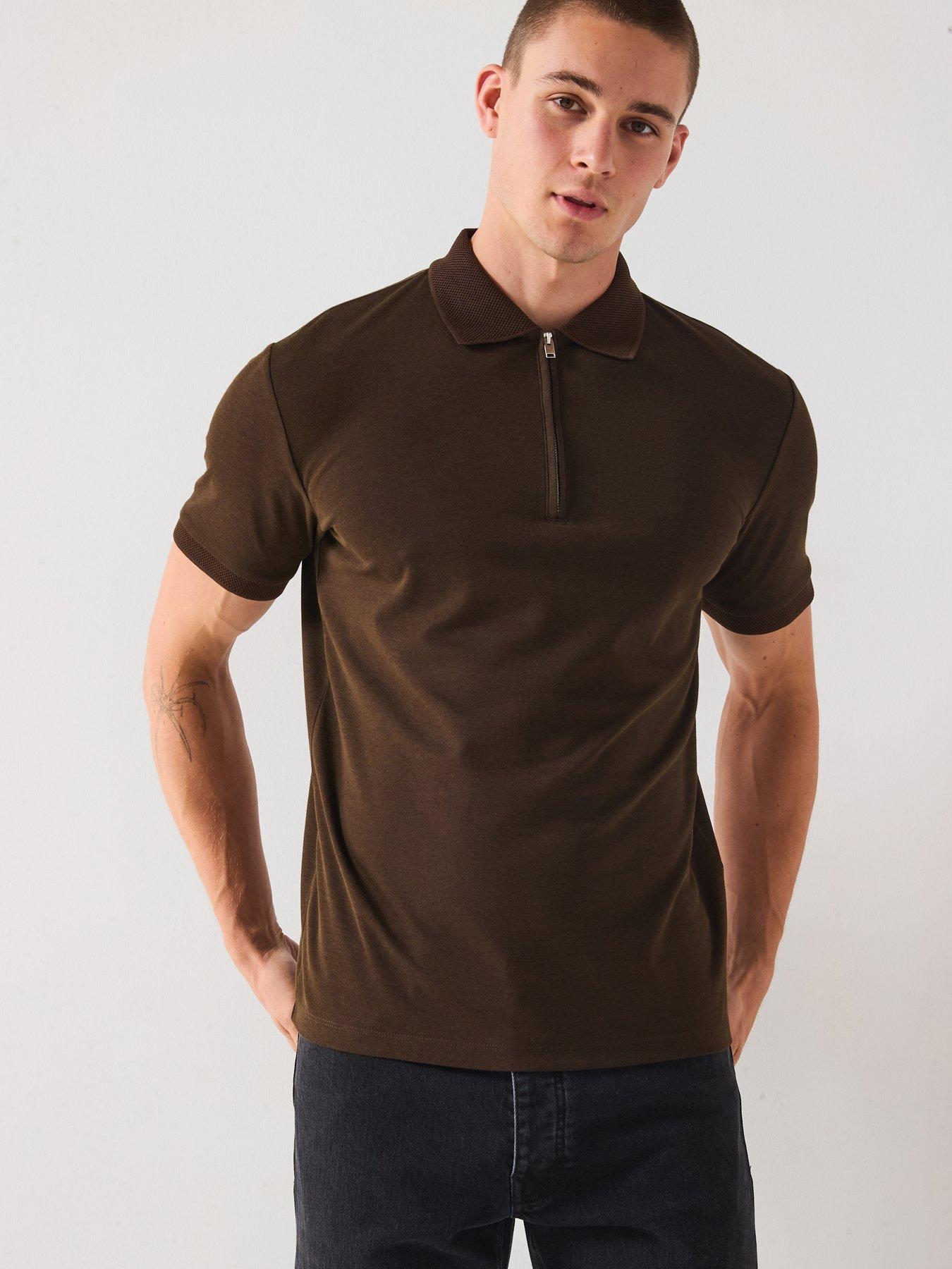 Image 1 of 6 of Selected Homme Fave Zip Polo Shirt - Brown