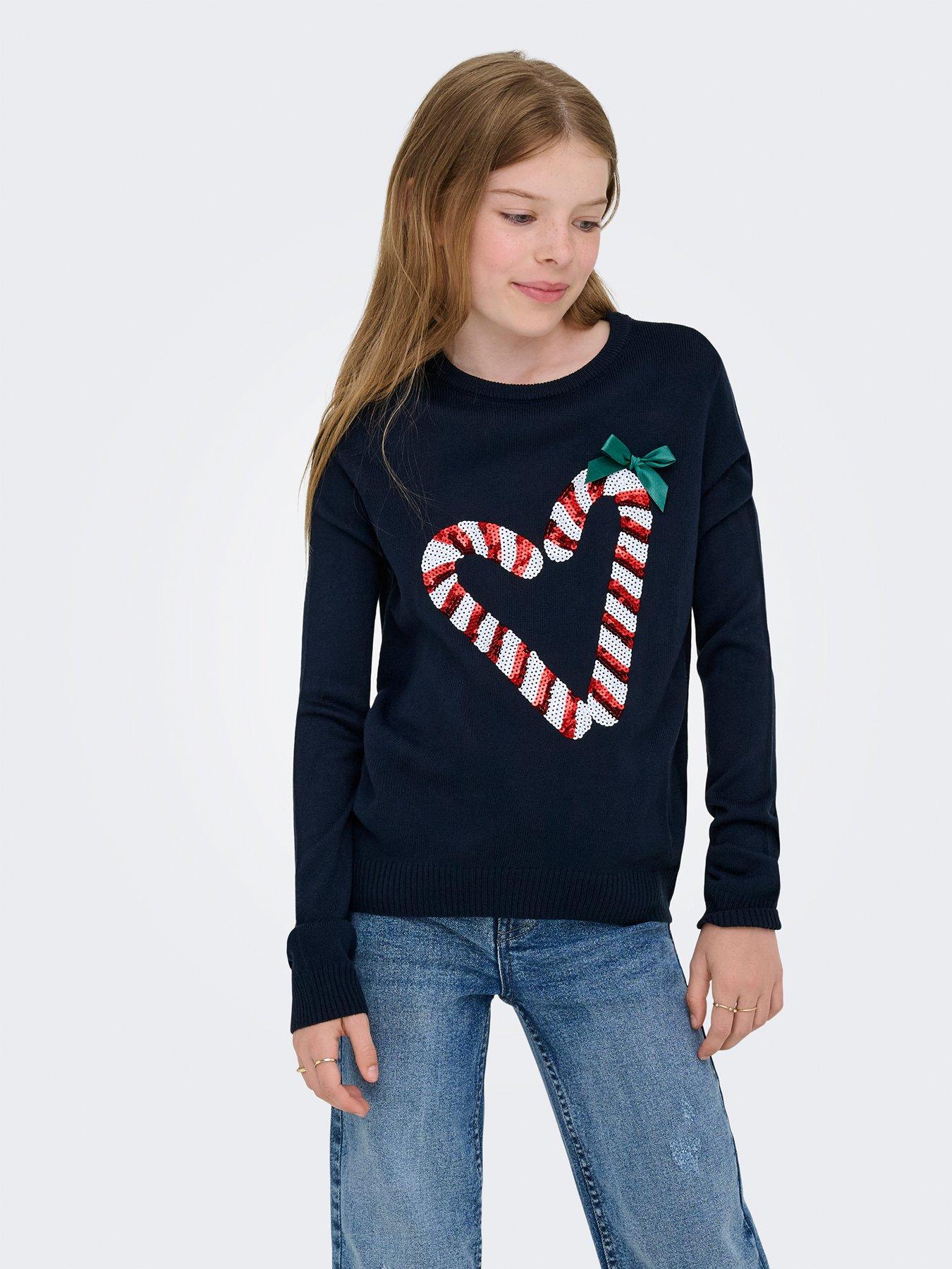 Only Kids Girls Candy Cane Christmas Knitted Jumper - Navy