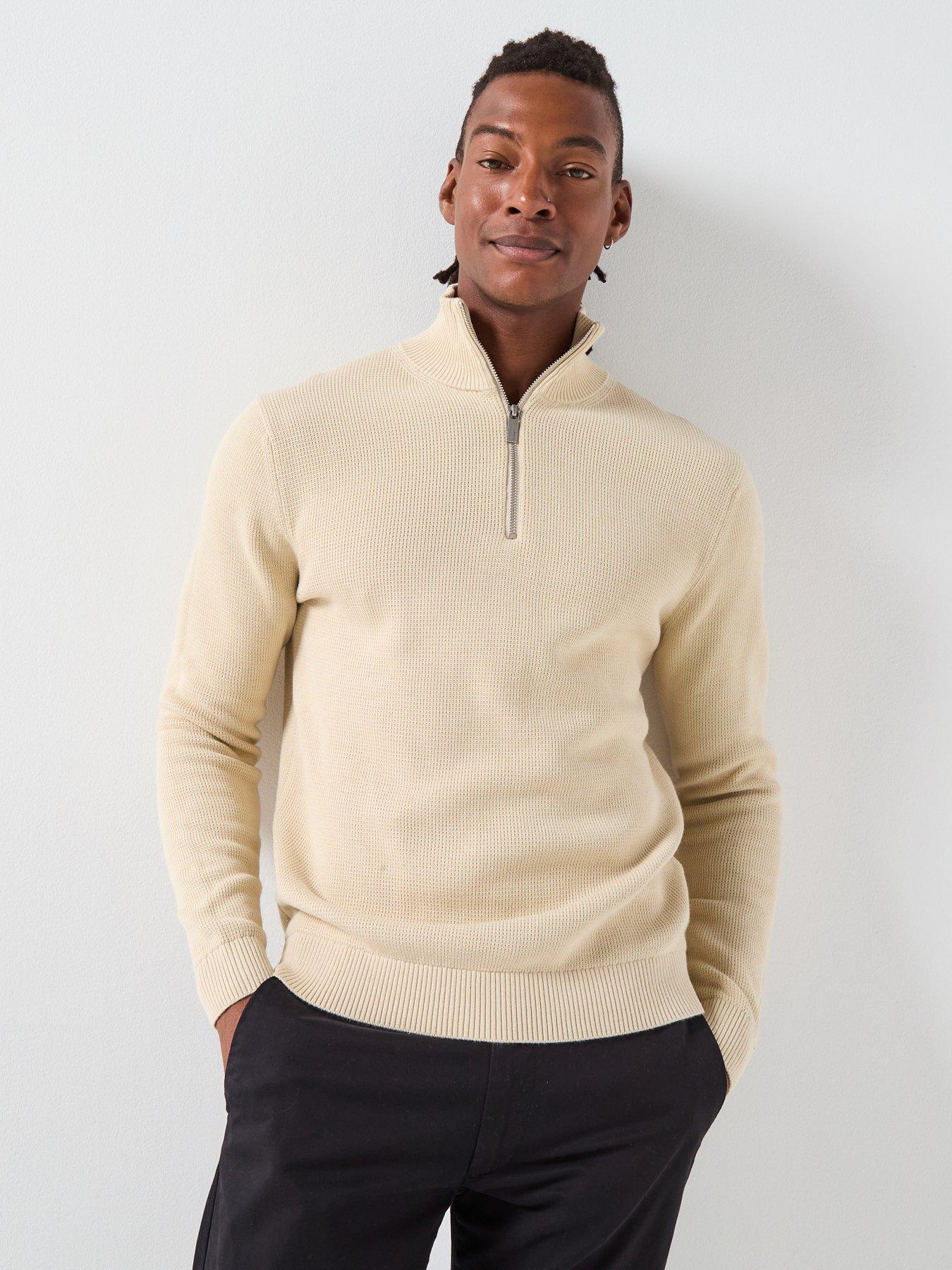 front image of selected-homme-dane-half-zip-knitted-jumper-beige
