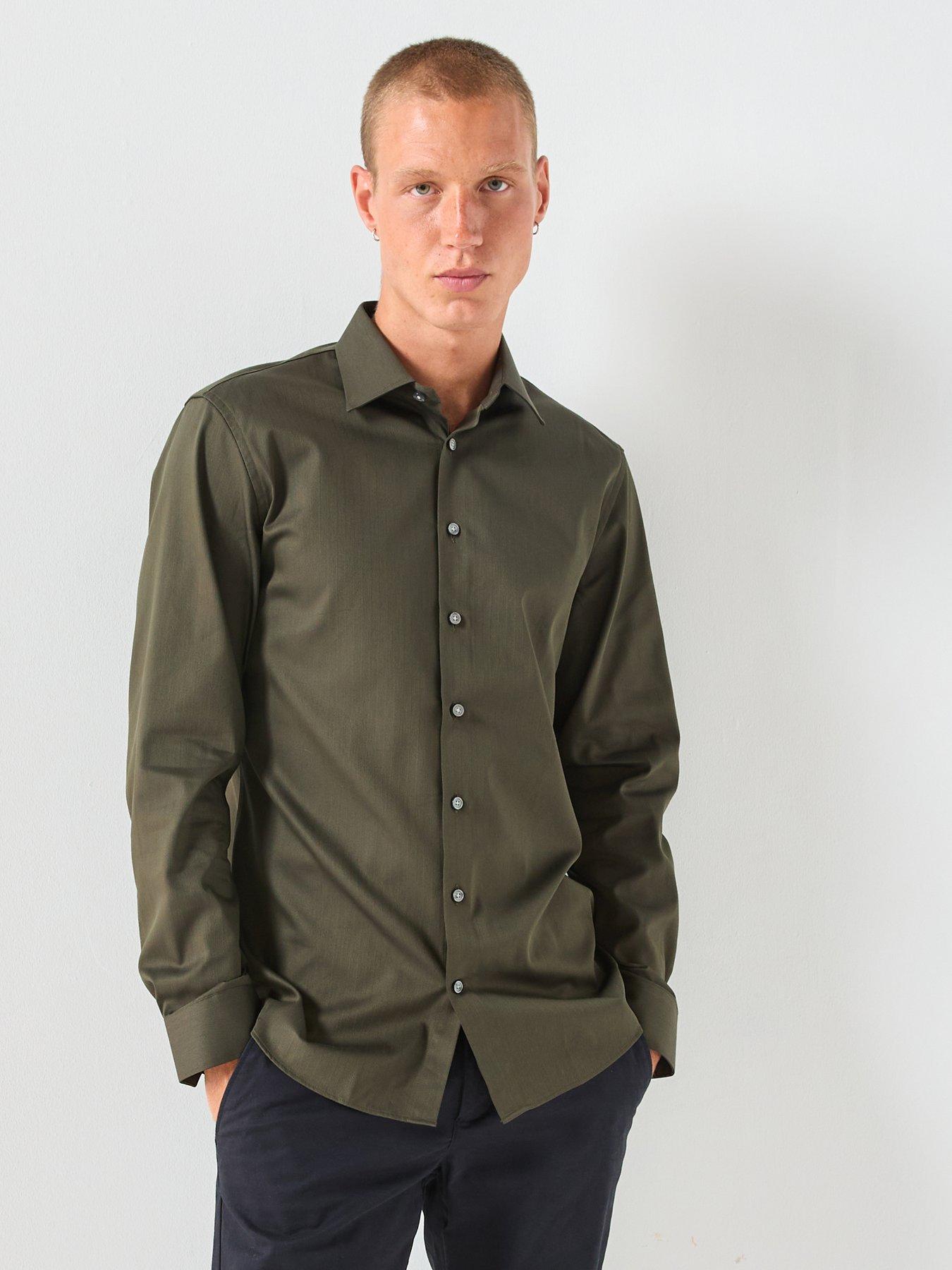 front image of selected-long-sleeve-slim-performance-shirt-dark-green