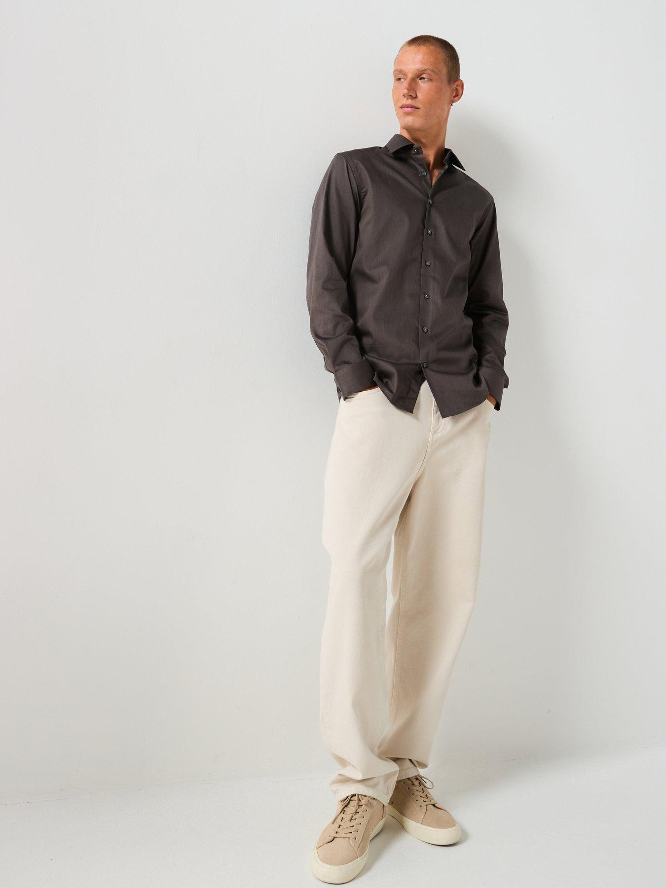 front image of selected-long-sleeve-slim-performance-shirt-brown