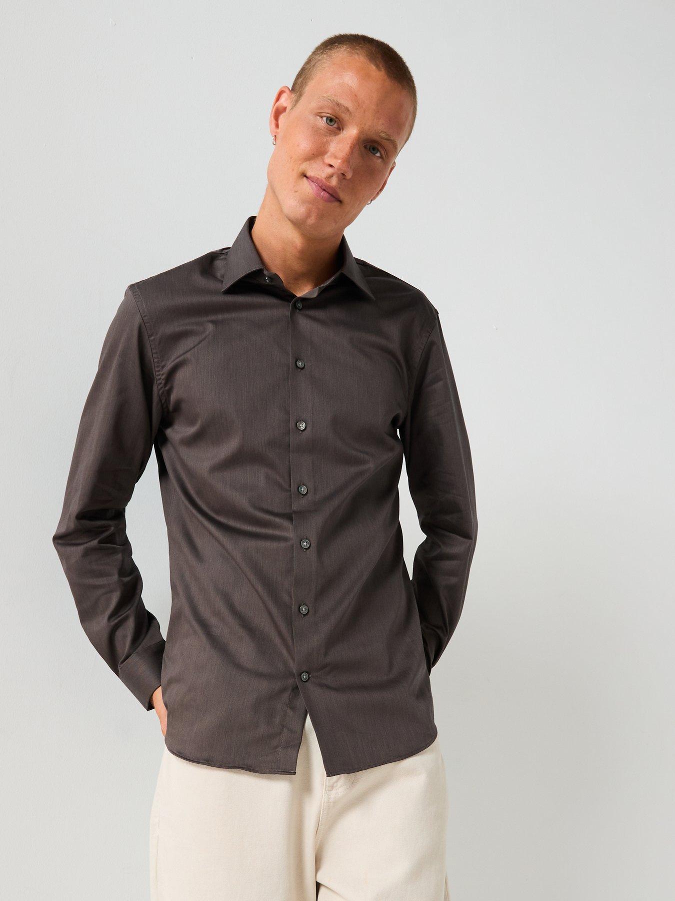  image of selected-long-sleeve-slim-performance-shirt-brown