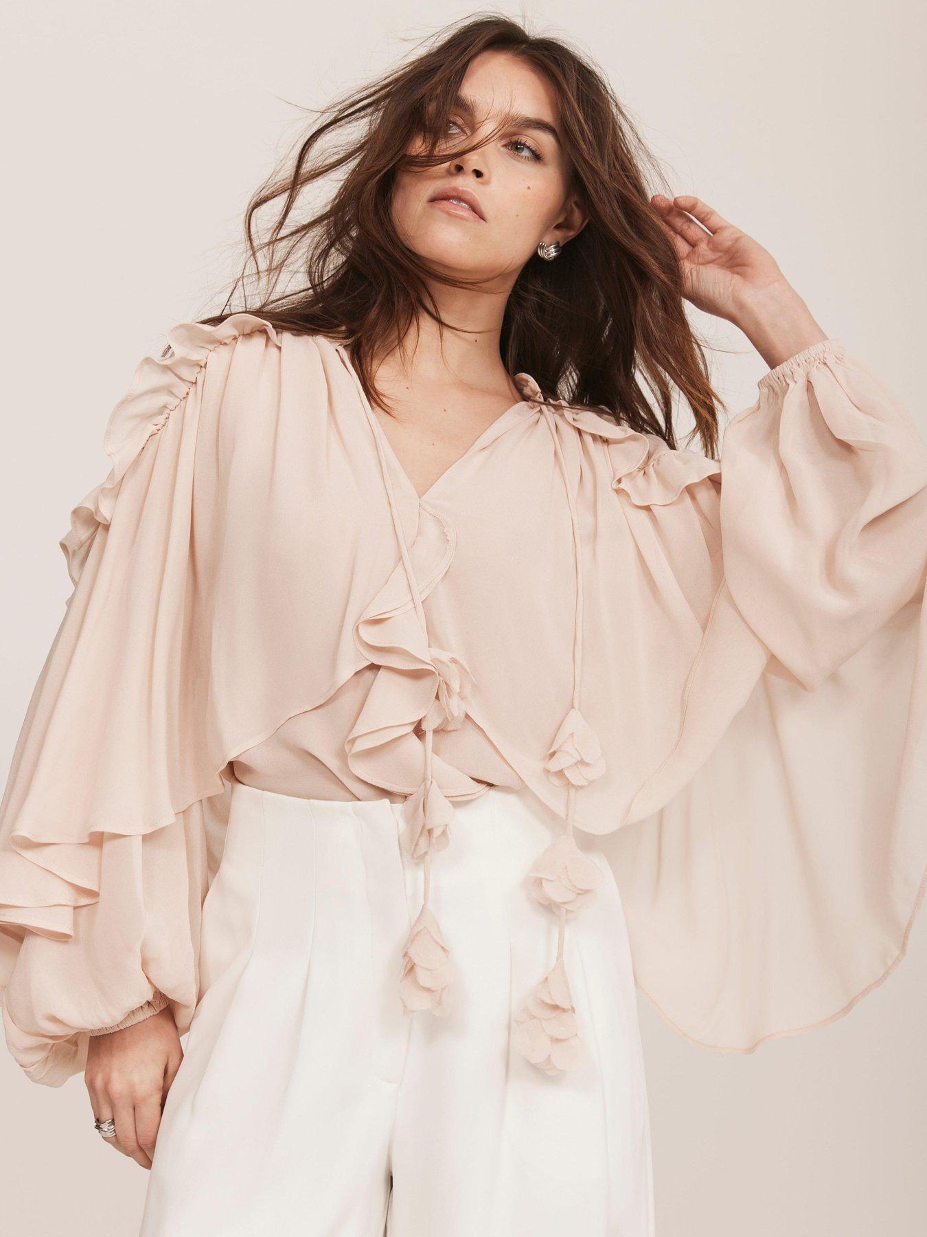 stillFront image of mint-velvet-neutral-cape-ruffle-blouse-beige