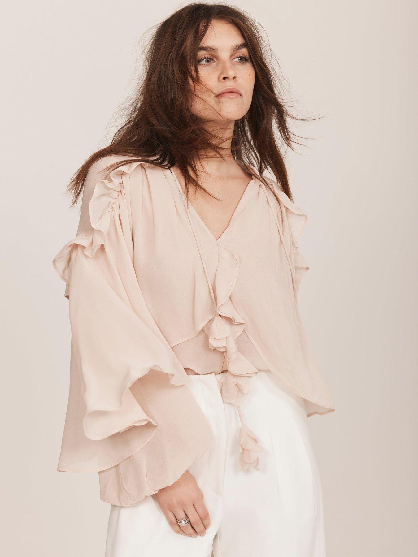  image of mint-velvet-neutral-cape-ruffle-blouse-beige