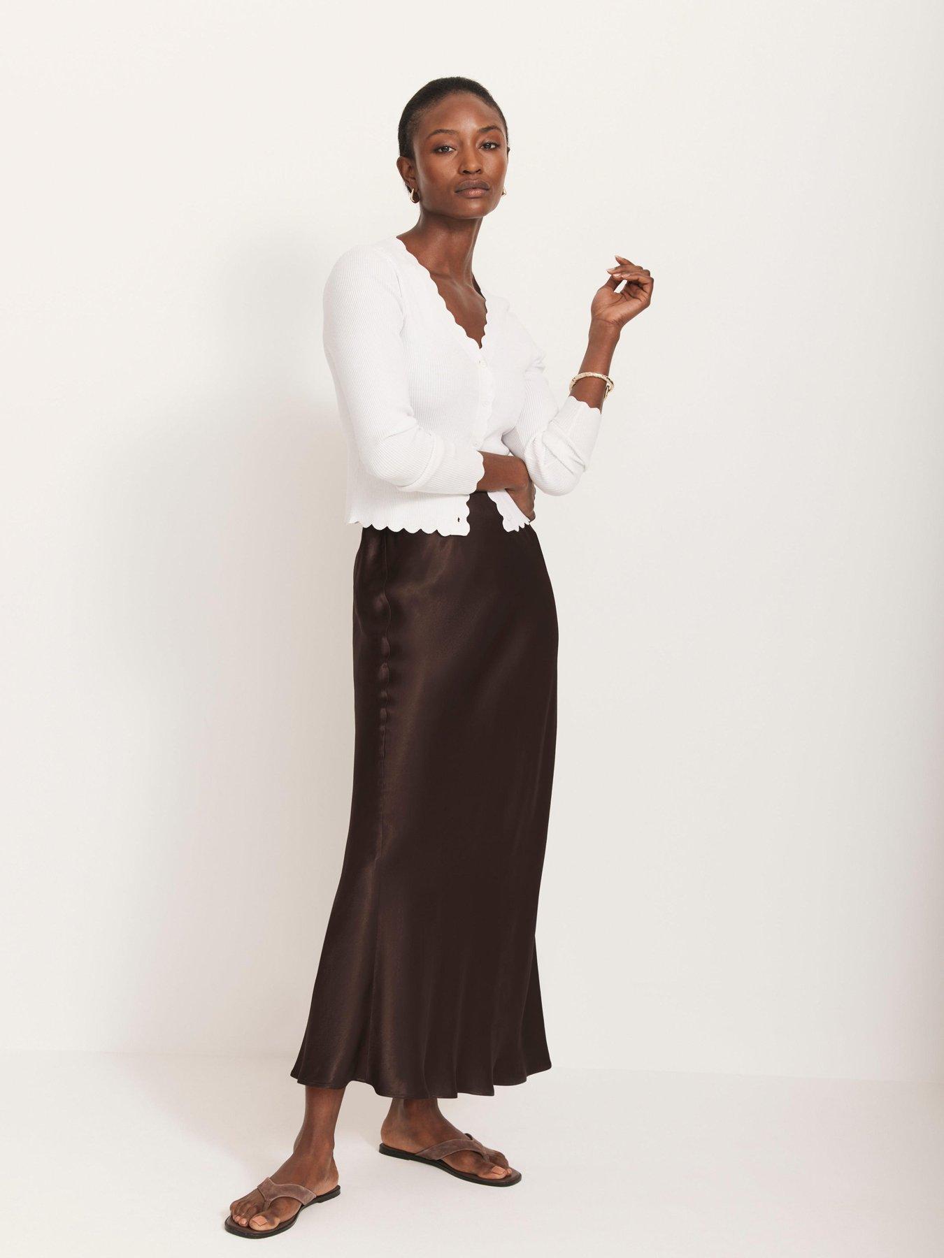 Image 1 of 6 of Mint Velvet Satin Slip Midi Skirt - Brown