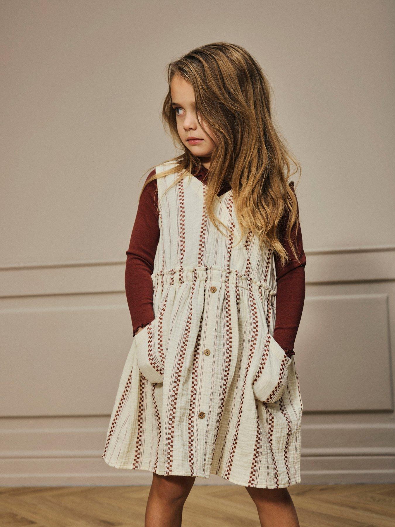 undefined Mini Girls Woven Stripe Dress - Cream