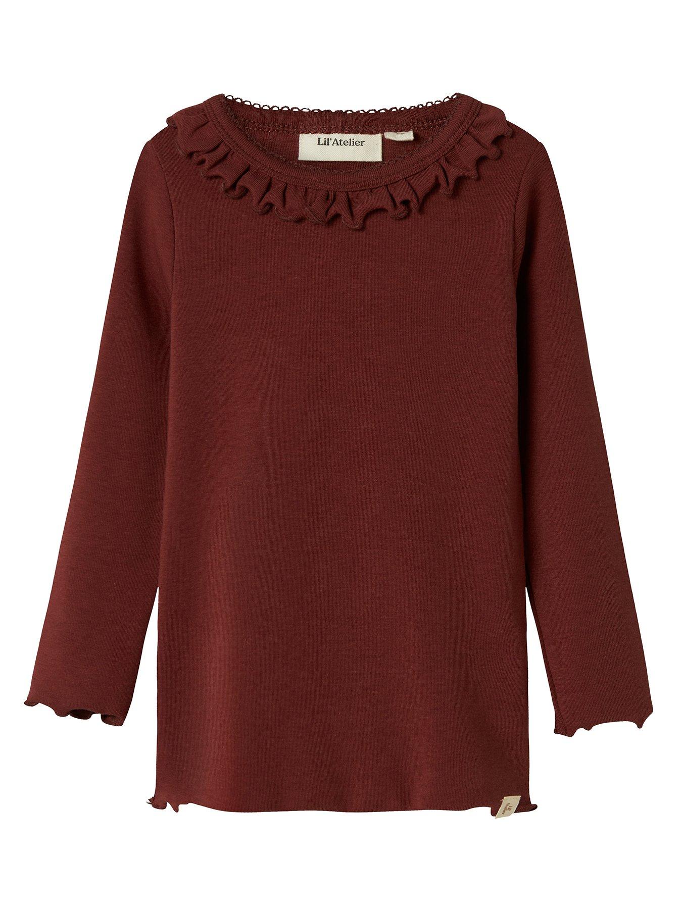 Image 1 of 4 of Lil Atelier Mini Girls Frill Long Sleeve Tshirt - Dark Red