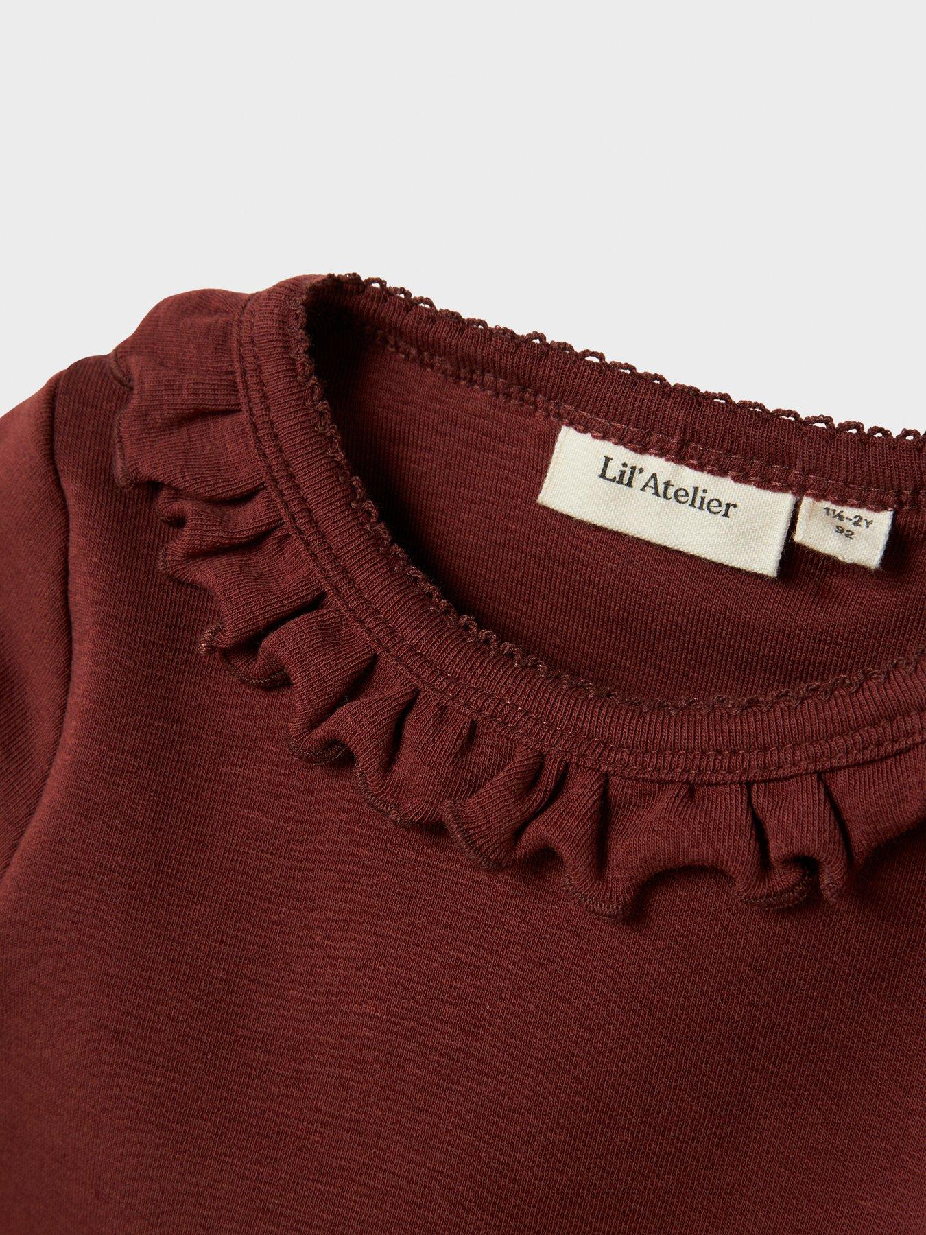 Image 4 of 4 of Lil Atelier Mini Girls Frill Long Sleeve Tshirt - Dark Red
