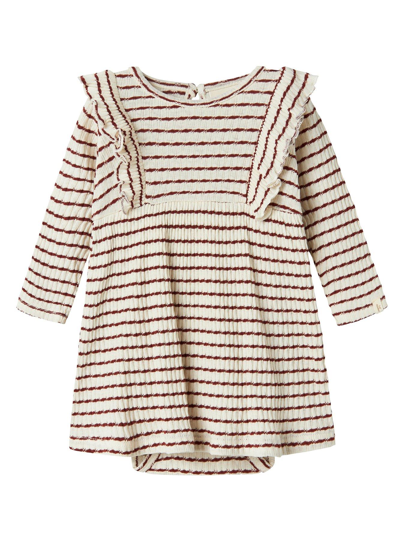 Image 1 of 3 of Lil Atelier Baby Girls Striped Frill Body Dress - Dark Red