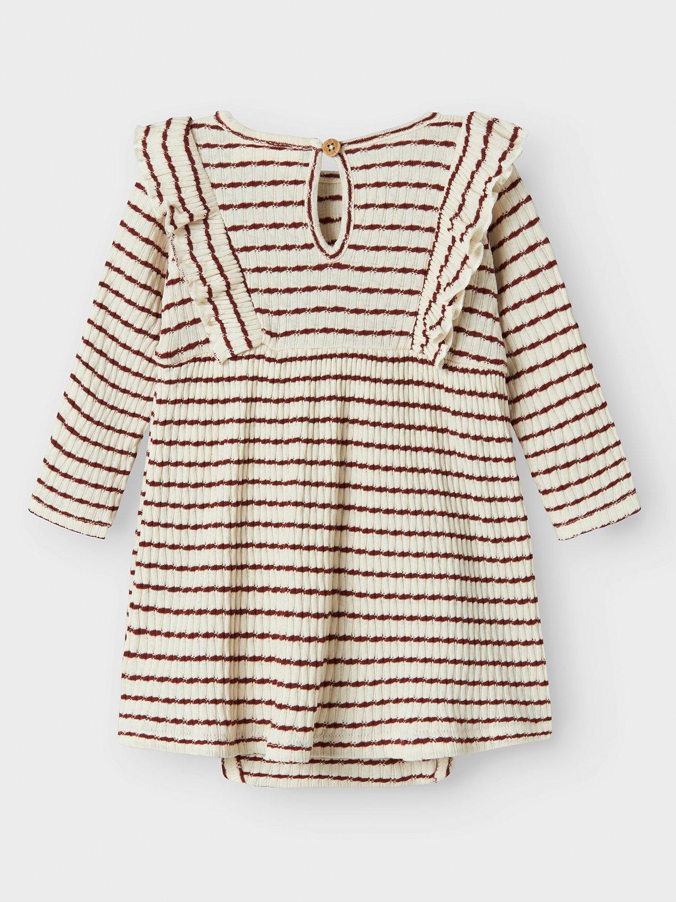 Image 2 of 3 of Lil Atelier Baby Girls Striped Frill Body Dress - Dark Red