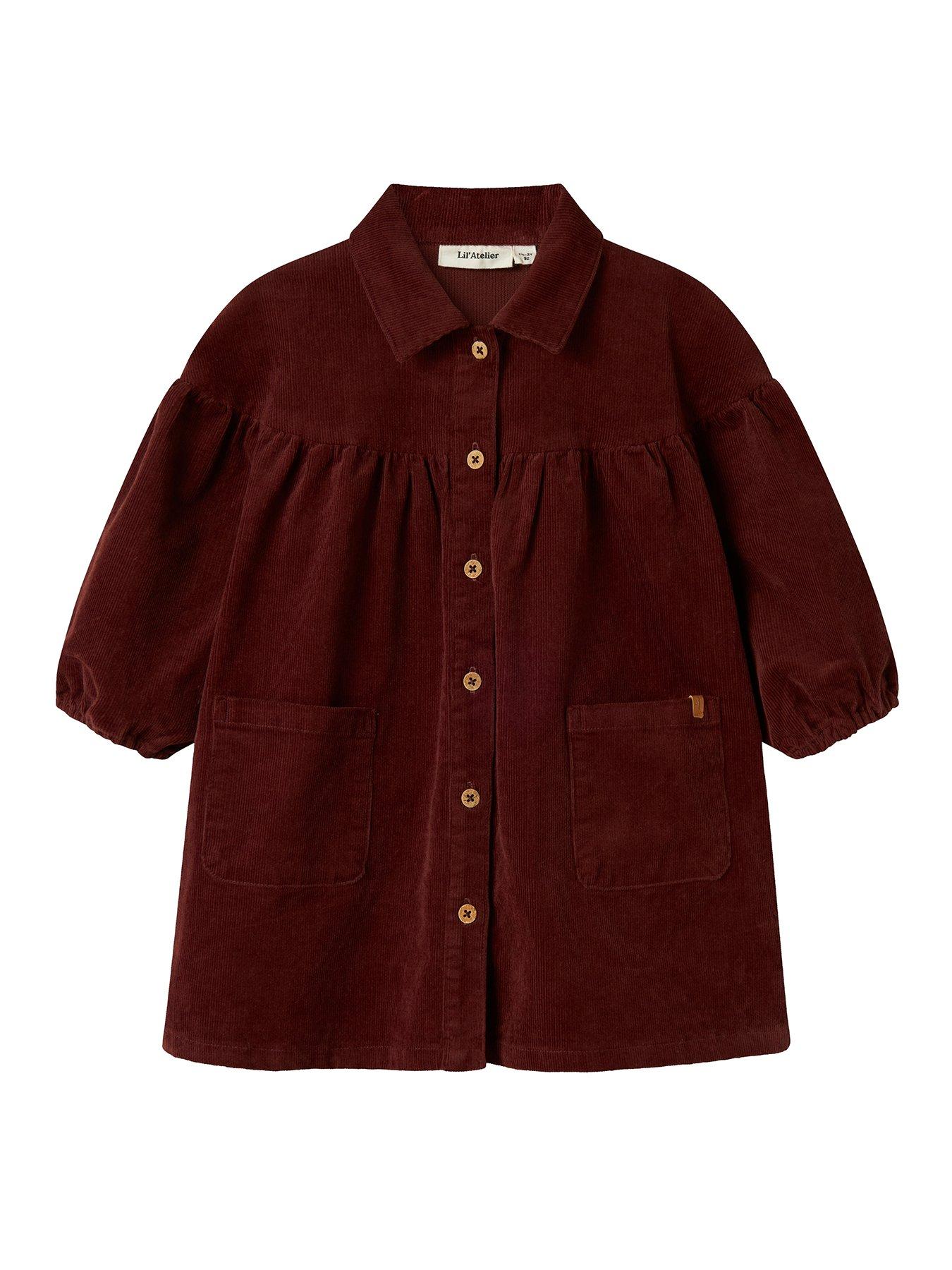 Lil Atelier Mini Girls Cord Long Sleeve Shirt Dress - Dark Red