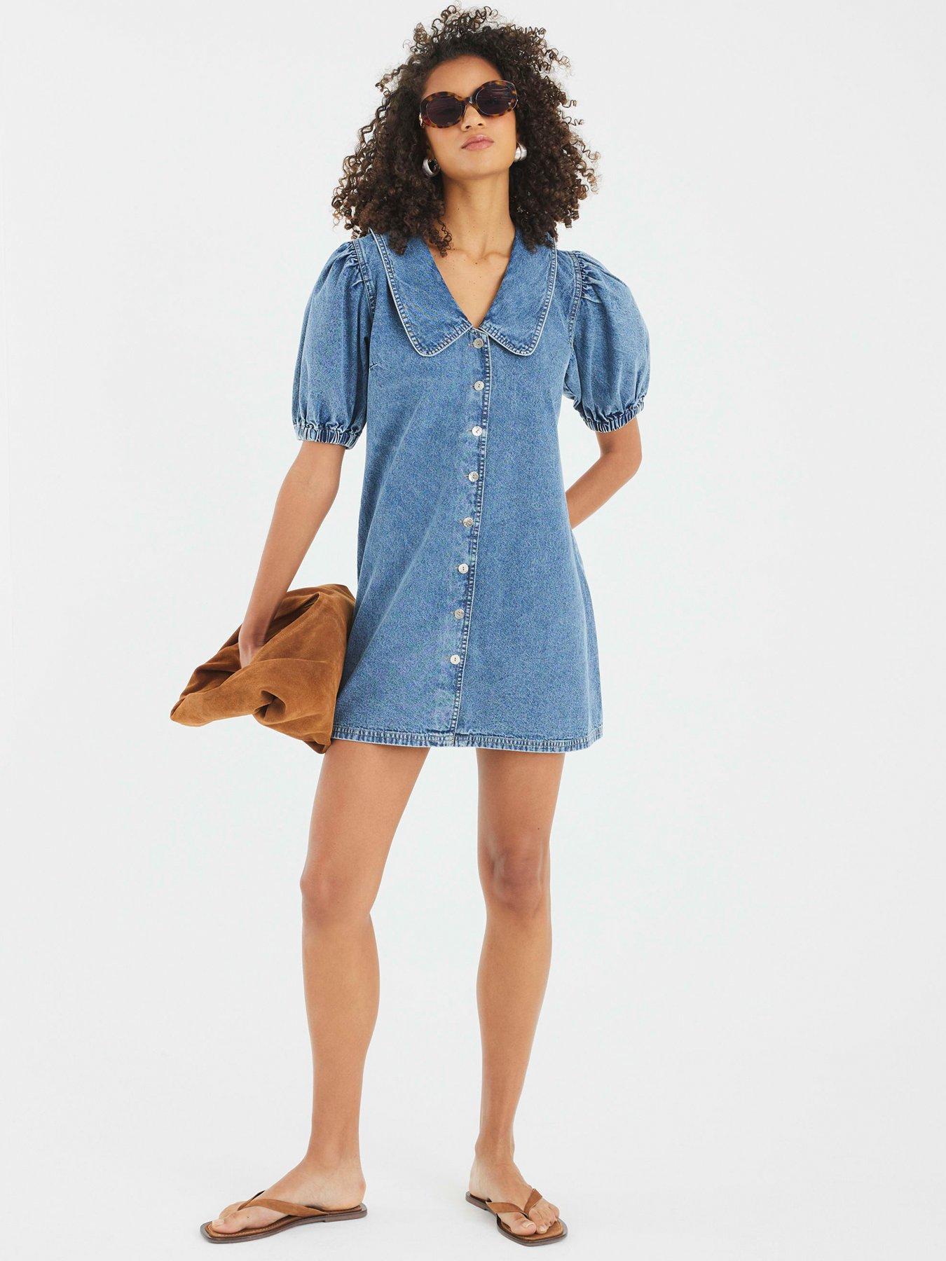 river island shirt dress Blue Denim Zip Front Mini Shirt Dress