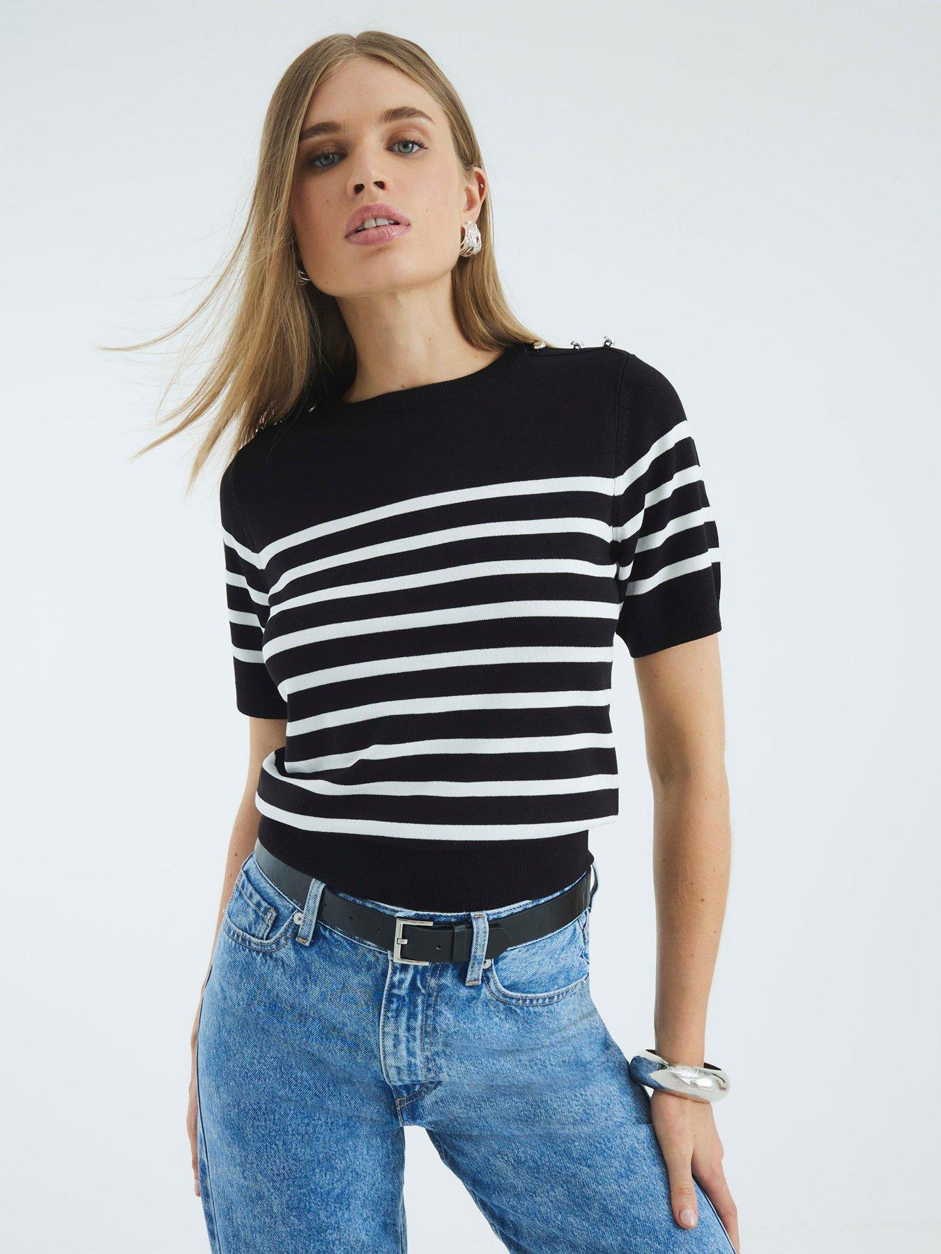 Image 1 of 4 of River Island Crew Neck Stripe Knitted Tee - Black