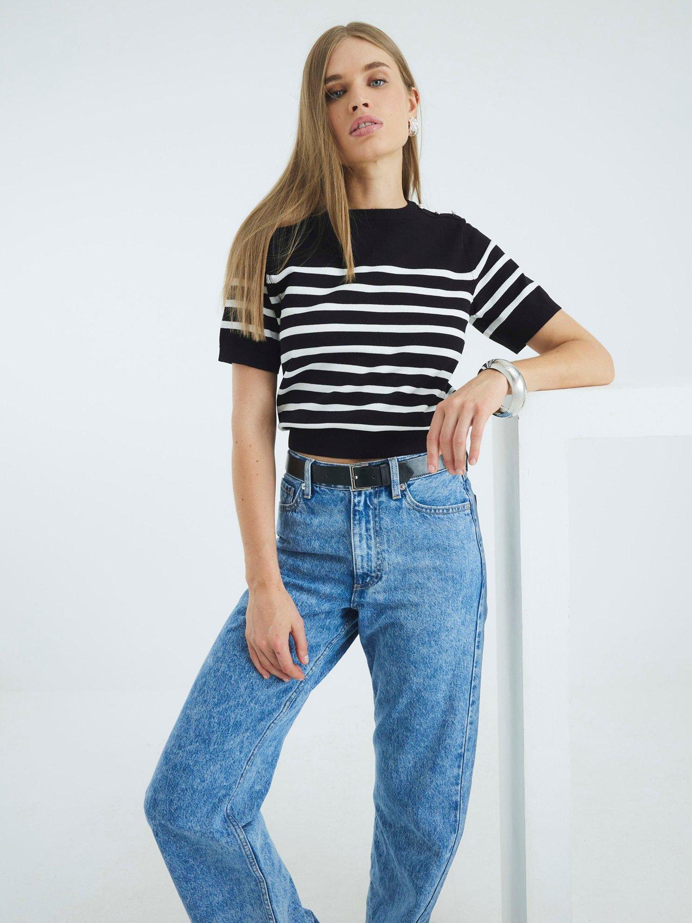 Image 2 of 4 of River Island Crew Neck Stripe Knitted Tee - Black