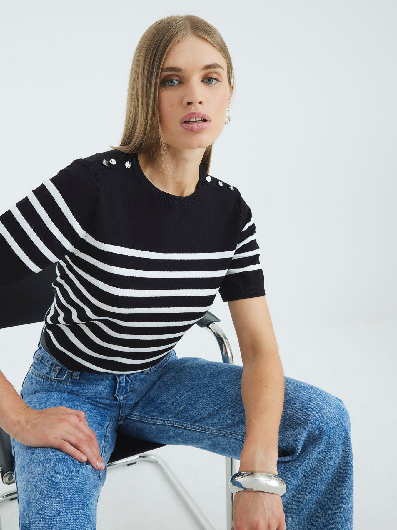 Image 4 of 4 of River Island Crew Neck Stripe Knitted Tee - Black