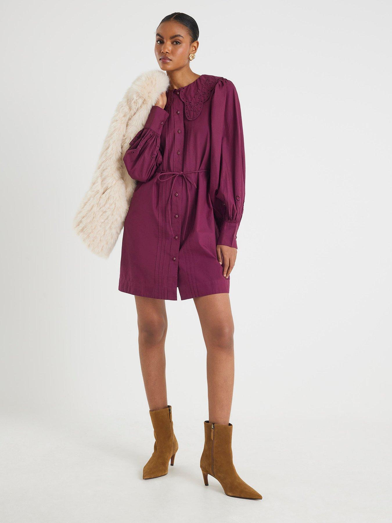 undefined Collar Mini Shirt Dress - Red