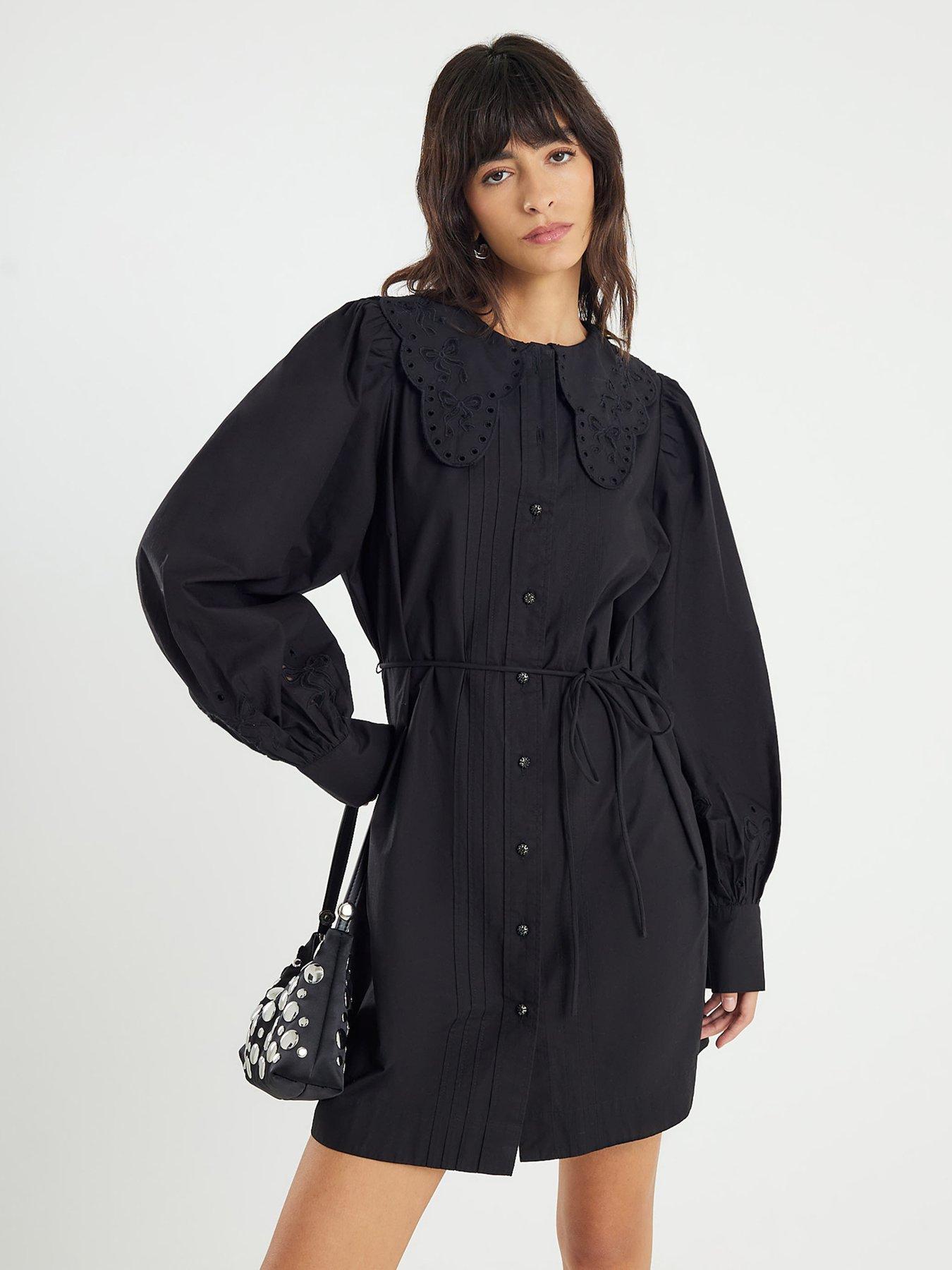 undefined Collar Mini Shirt Dress - Black