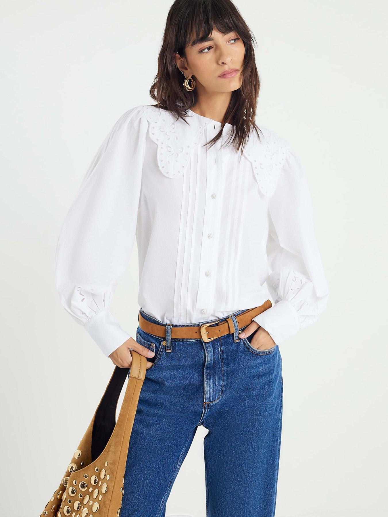 undefined Long Sleeve Collar Blouse - White