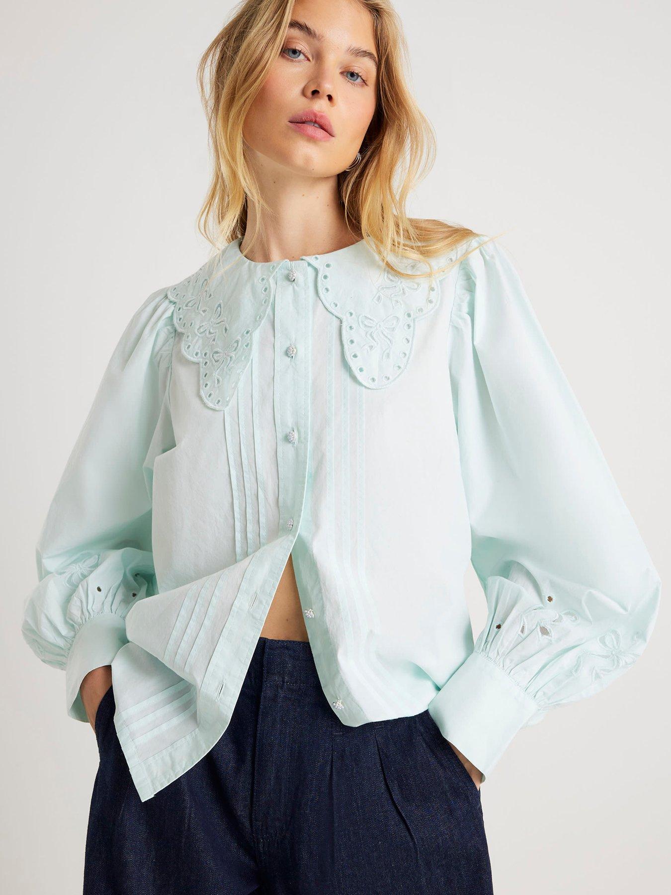 Image 1 of 4 of River Island Long Sleeve Collar Blouse - Blue