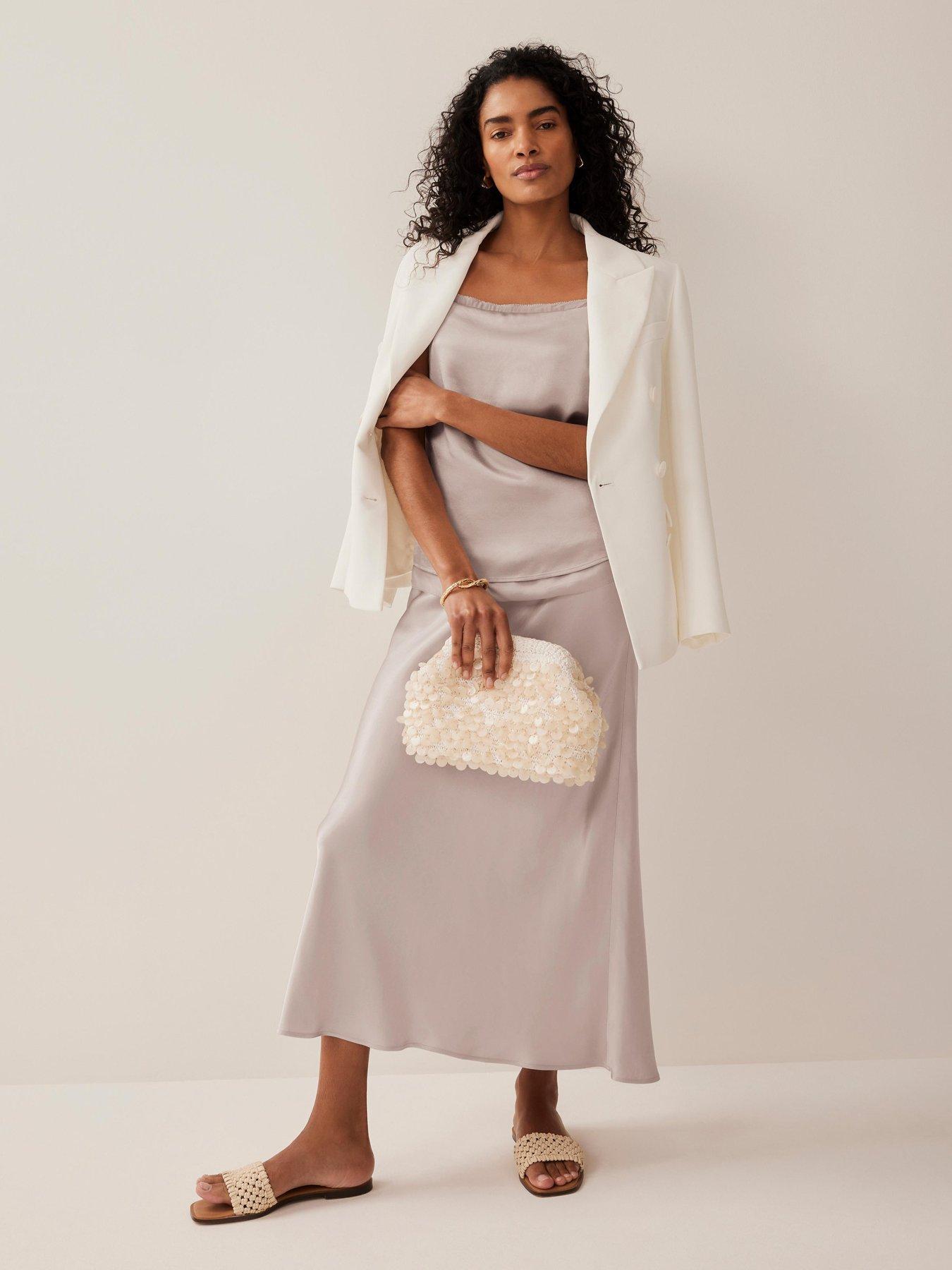 Image 1 of 6 of Mint Velvet Neutral Satin Slip Midi Skirt - White